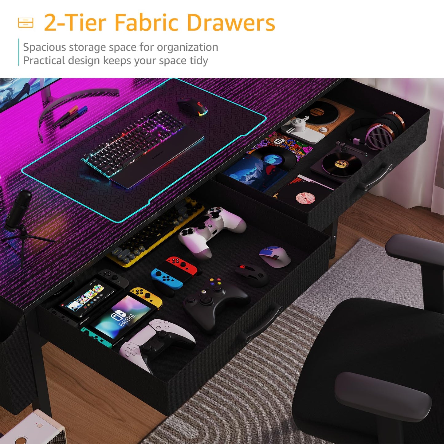 Black Gaming Desk with Hutch and Shelves - Gaming Computer Desk with 2 Storage Drawers, LED Light and Power Outlets, 47 Inch Working Modern Writing Study Desks for Bedroom Home Office