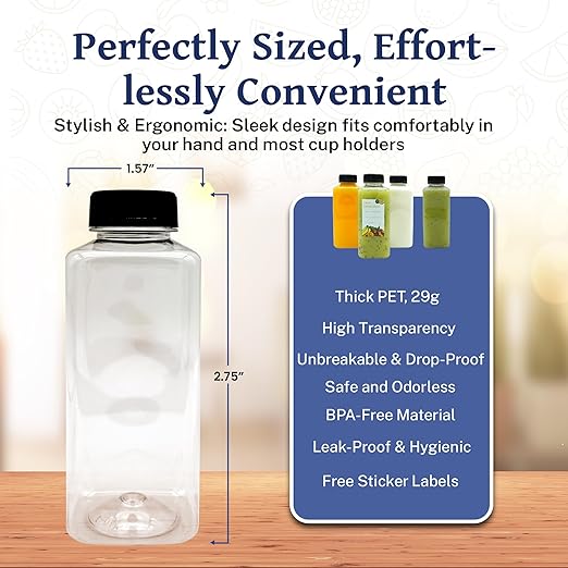 Holotap 42Pcs 16Oz Plastic Juice Bottles with Caps, Empty Plastic Bottles for Juicing,16Oz Juicing Containers with Tamper Evident Caps Ideal for Water and Other Beverages (Black, 16 OZ)