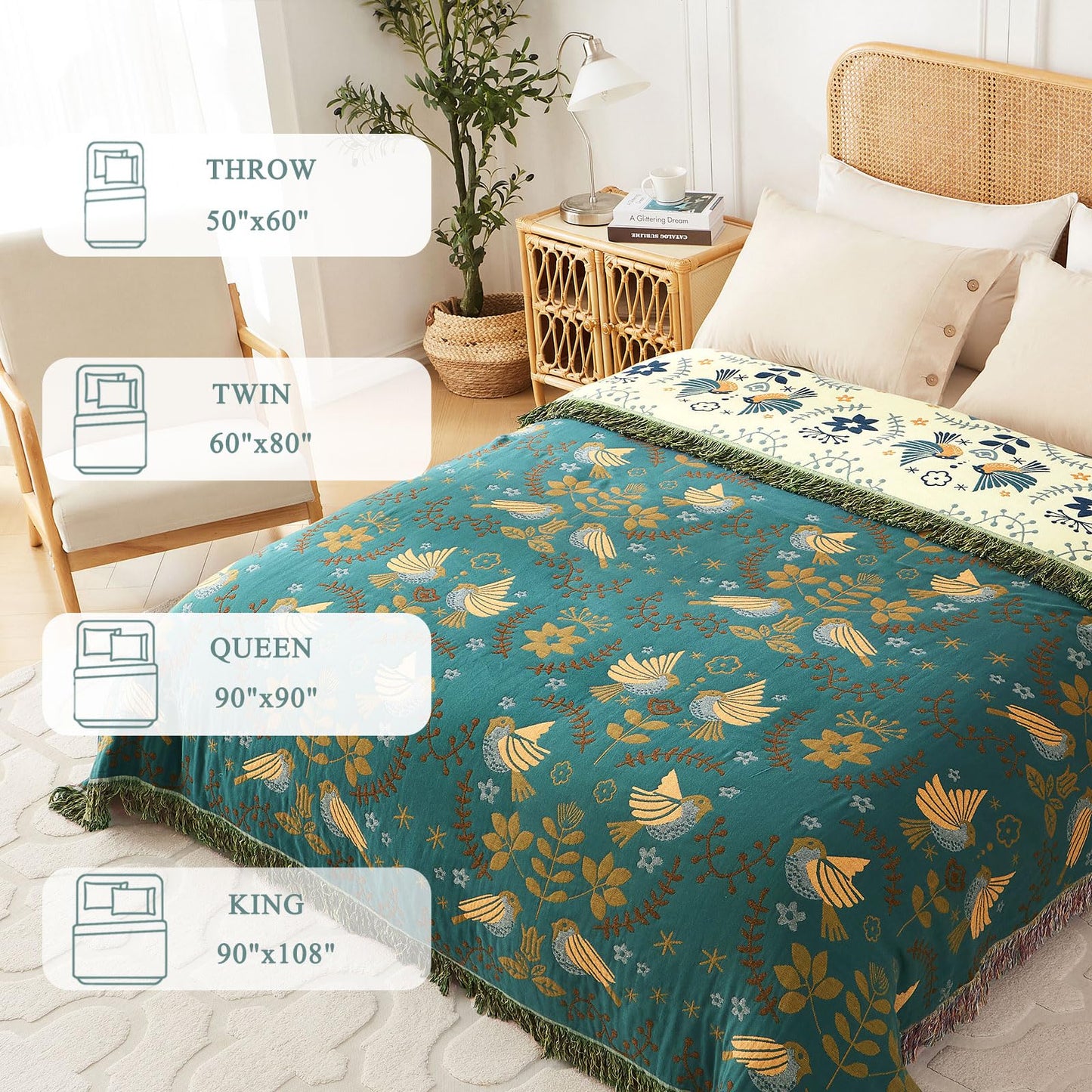 Boho Throw Blanket- 100% Cotton Muslin Blanket for Bed Couch, 60"x80" Reversible Breathable Summer Blanket Soft Lightweight Farmhouse Throw Blanket Rustic Quilt, All Season Floral Bird Decor Blankets