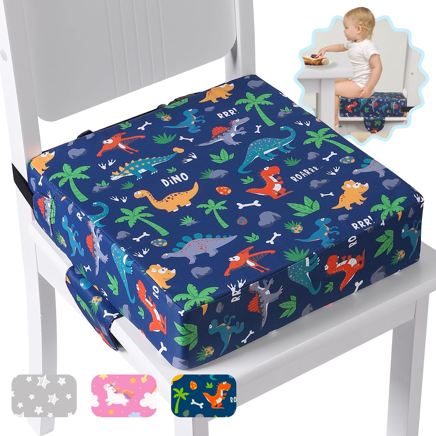 Sylynvia Booster Seat for Kitchen Chair with Adjustable Straps, Toddler Booster Seats for Dining Table Portable for Travel Camping Eating, Booster Cushion for Table for Baby Child Infant Kid Boy Girl