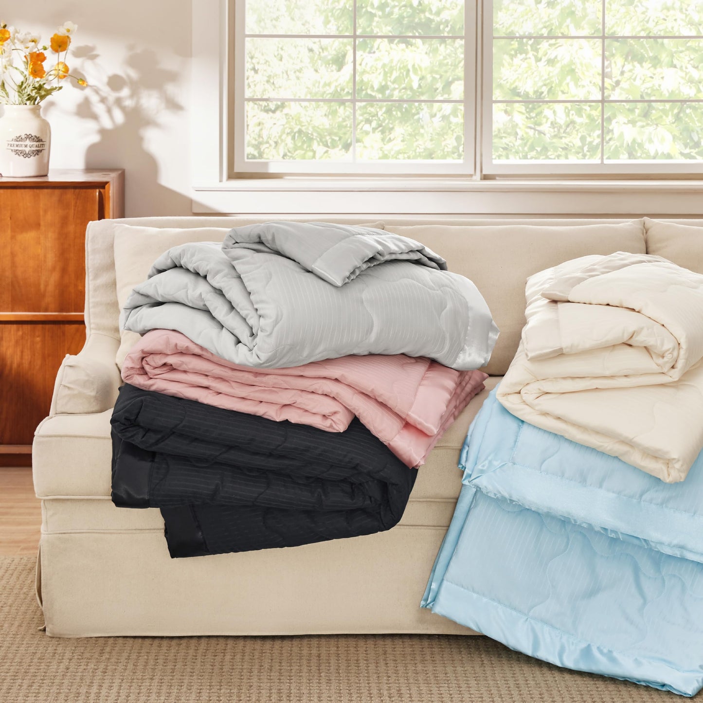 Bedsure Lightweight Blanket for Summer Queen Size - Down Alternative Blanket with Satin Trim for Bed, Light Summer Throw Grey, 90x90 Inches