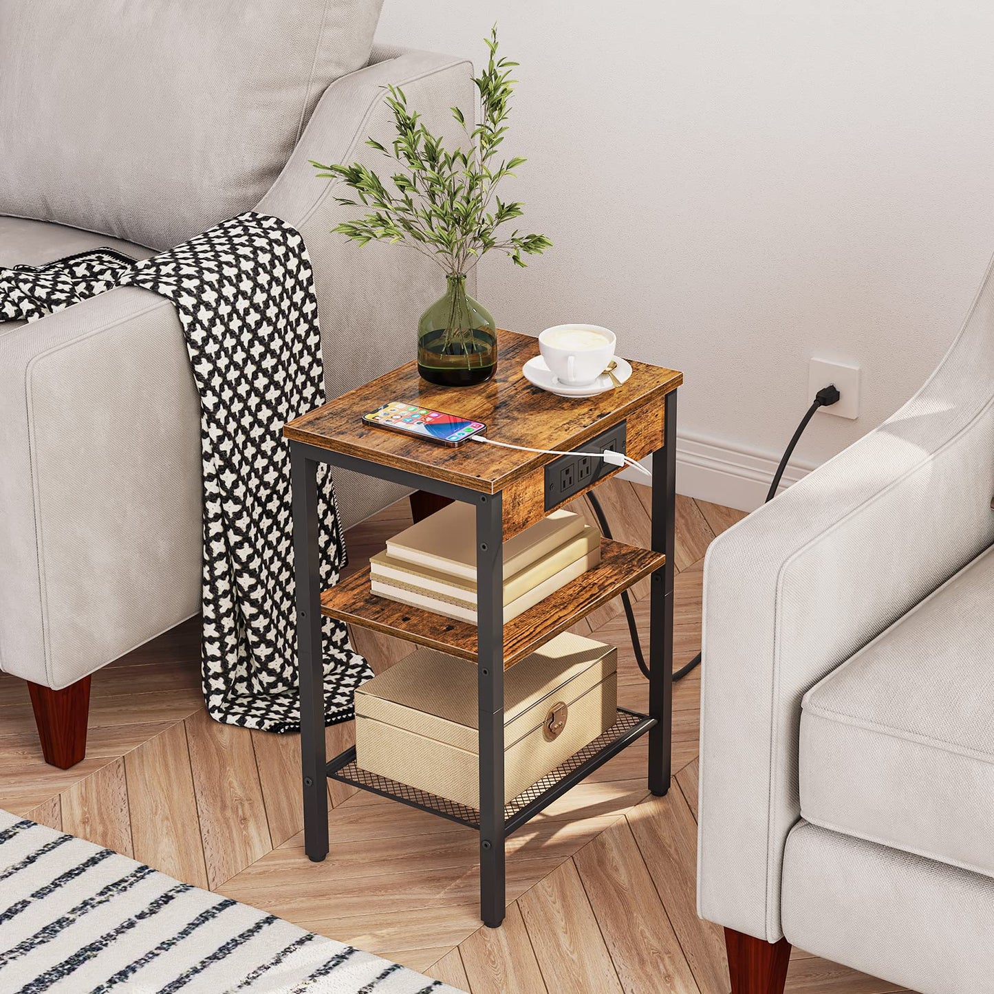 HOOBRO Side Table with Charging Station and USB Ports, Small End Table for Small Space, 3-Tier Nightstand with Adjustable Shelf, for Living Room, Bedroom and Balcony, Rustic Brown BF112BZ01