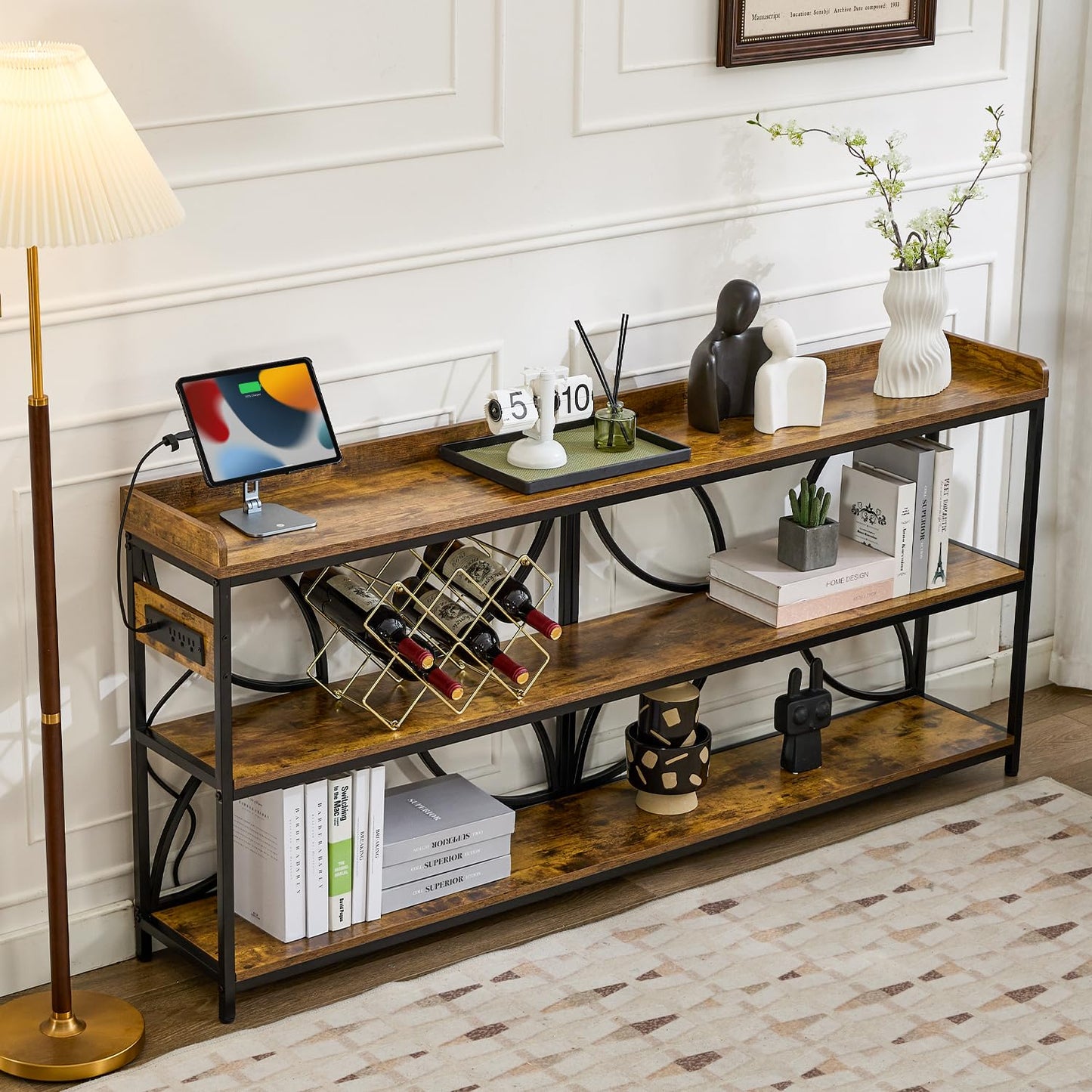 TPHORK 70.9'' Sofa Tables, 3-Tier Console Table with USB Charging Ports & Outlets & Metal Frame, Industrial Storage Shelves for Hallway Living Room Entryway Foyer Behind Couch TV Stands (Rustic)