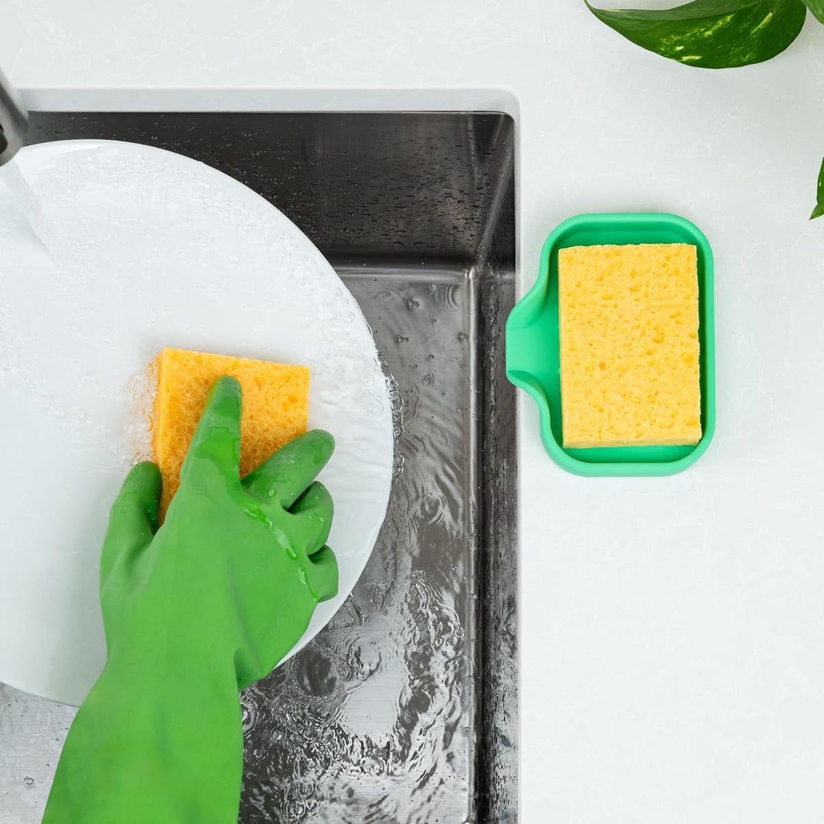 Zulay Kitchen Small Silicone Sponge Holder (4.9x3.3”) – Space-Saving Sink Organizer Tray for Sponge, Soap, Brush & More – Compact Non-Slip Dish for Kitchen & Bathroom (Carnival Glass)