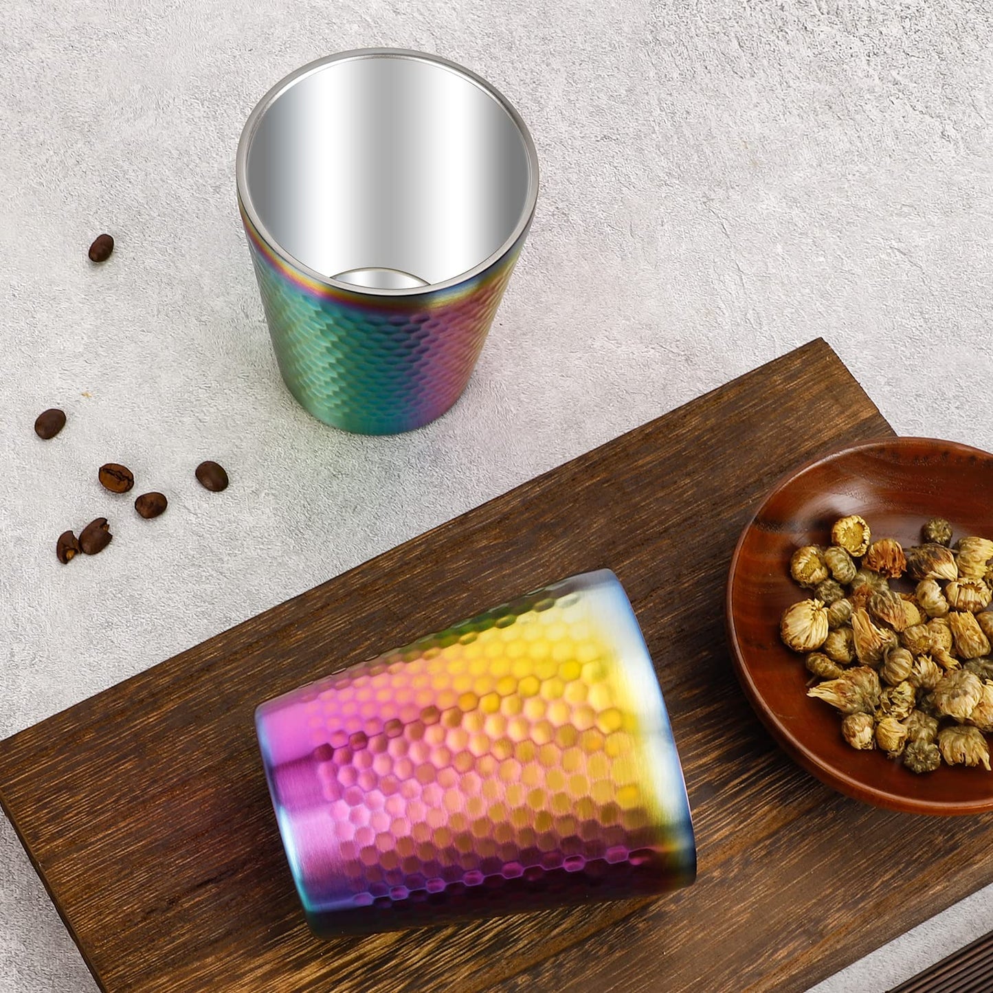 TIICOO Stainless Steel Cups 2 Packs 10oz/300ml Stackable Double Wall Insulated Metal Shatterproof Cups Titanium-Plated Diamond Textured Surface Heat Resistant Dishwasher Safe (Rainbow)