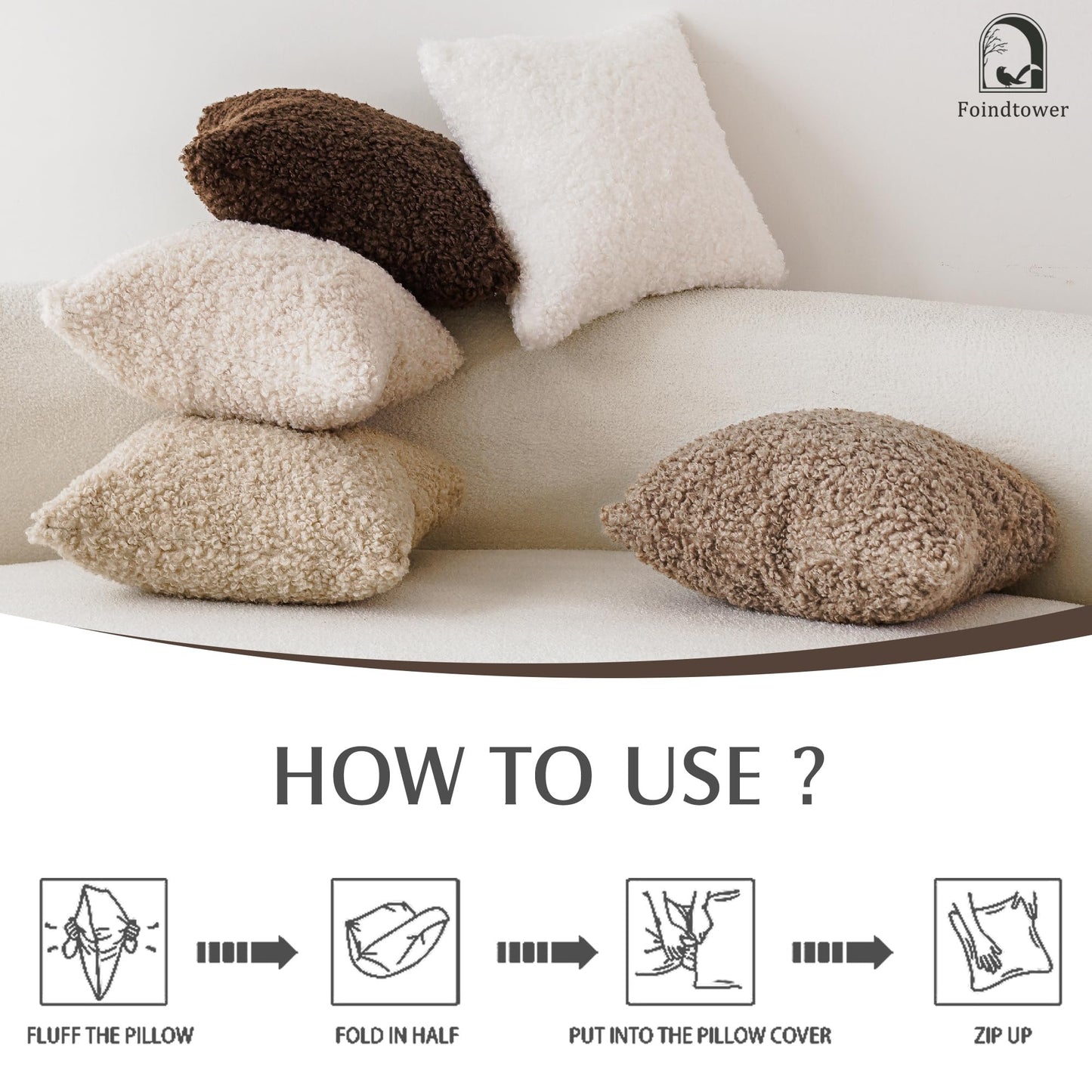 Foindtower Set of 2 Curly Teddy Wool Pillow Covers Decorative Boucle Textured Lumbar Throw Pillow Faux Fur Pillowcases Sheepskin Cushion Case for Sofa Bedroom Car 12"x20" Light Khaki
