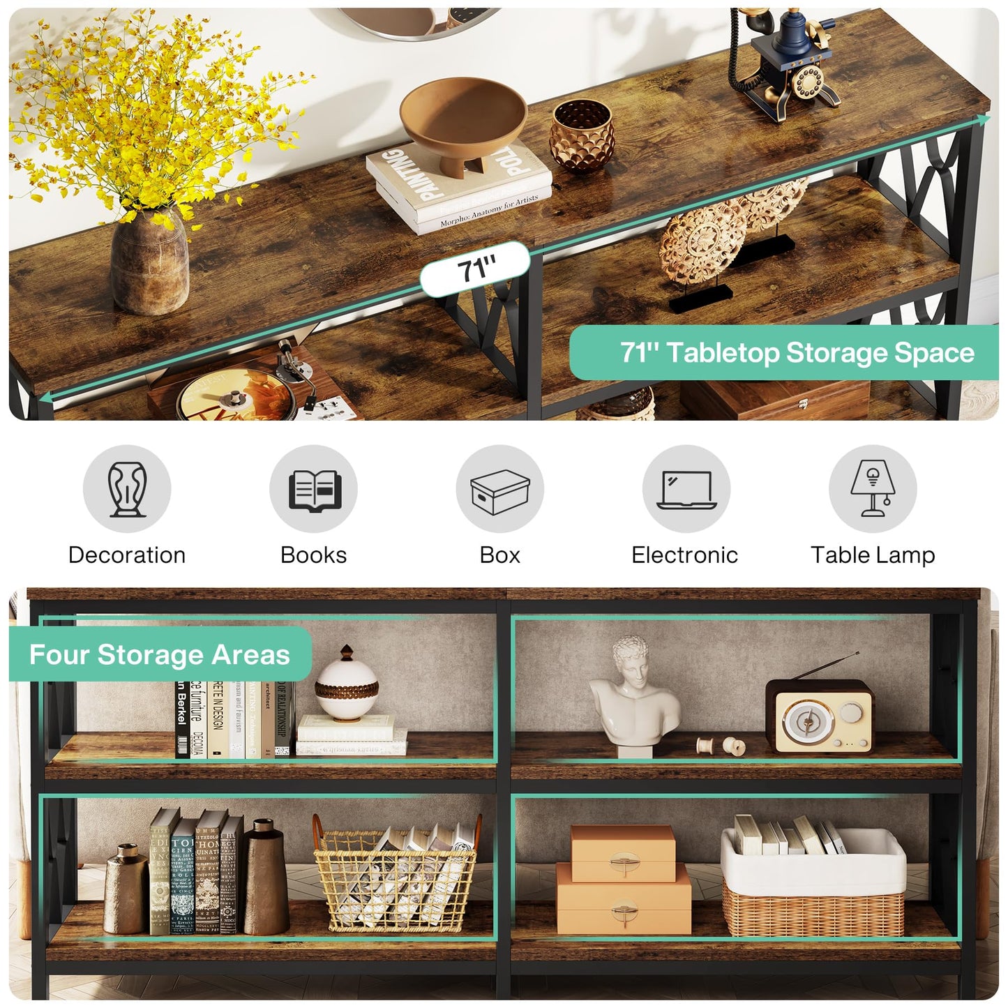 LITTLE TREE Console Table with Storage Shelves, 70.9" Industrial 3-Tier Sofa Table for Living Room, Long Foyer Table Entryway Table for Hallway, Front Door, Entrance, Rustic Brown & Black