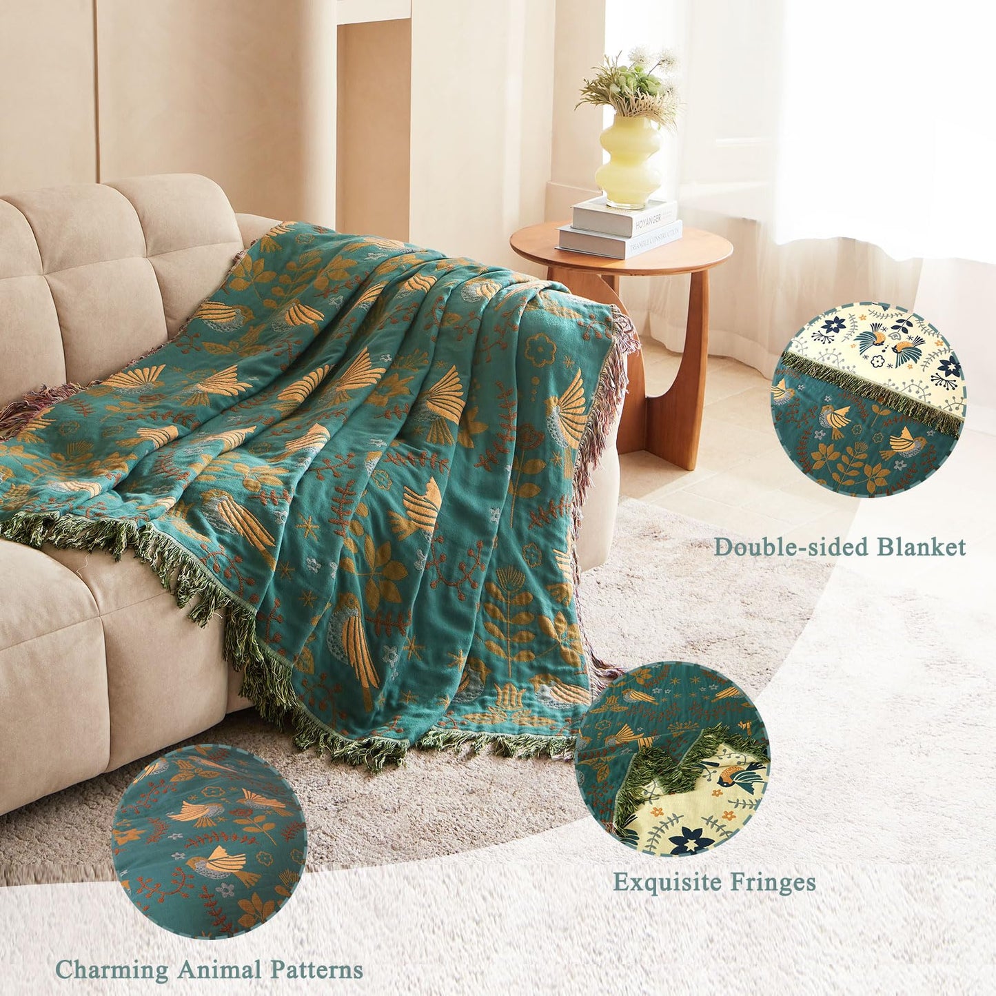 Boho Throw Blanket- 100% Cotton Muslin Blanket for Bed Couch, 60"x80" Reversible Breathable Summer Blanket Soft Lightweight Farmhouse Throw Blanket Rustic Quilt, All Season Floral Bird Decor Blankets