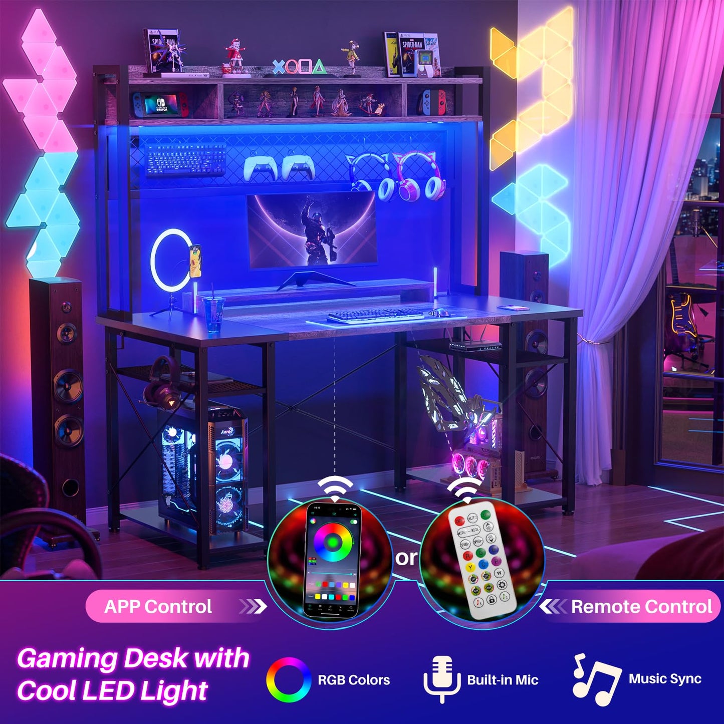 armocity 2024 Upgrade Gaming Desk with Hutch, 48'' Magic Computer Desk with LED and Outlets, Reversible Workstation Desk with Pegboard, Oak and Black