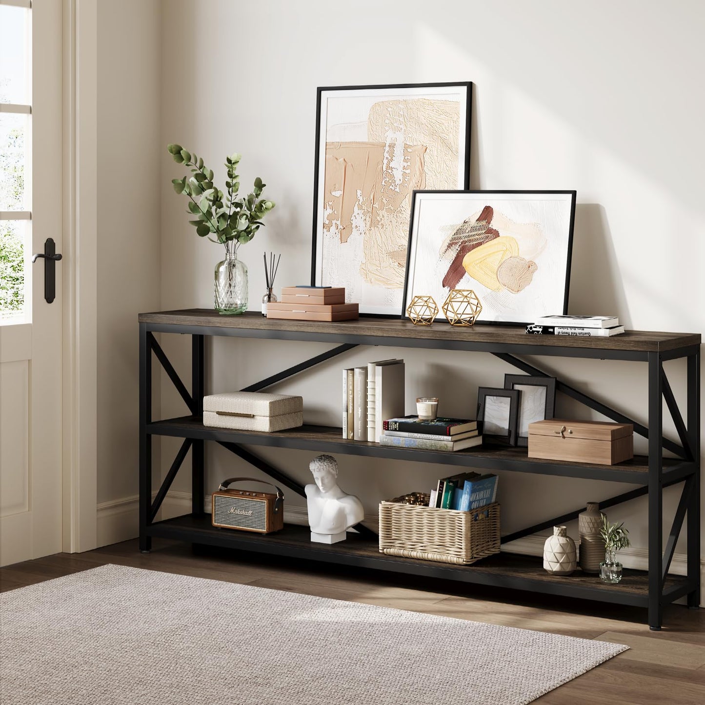 ONBRILL Industrial Console Sofa Table,70.8 Inch Extra Long Entryway Table with 3 Tier Wood Storage Shelf for Living Room, Hallway, Entrance, Narrow Sofa Table with Metal Frame, Black and Brown
