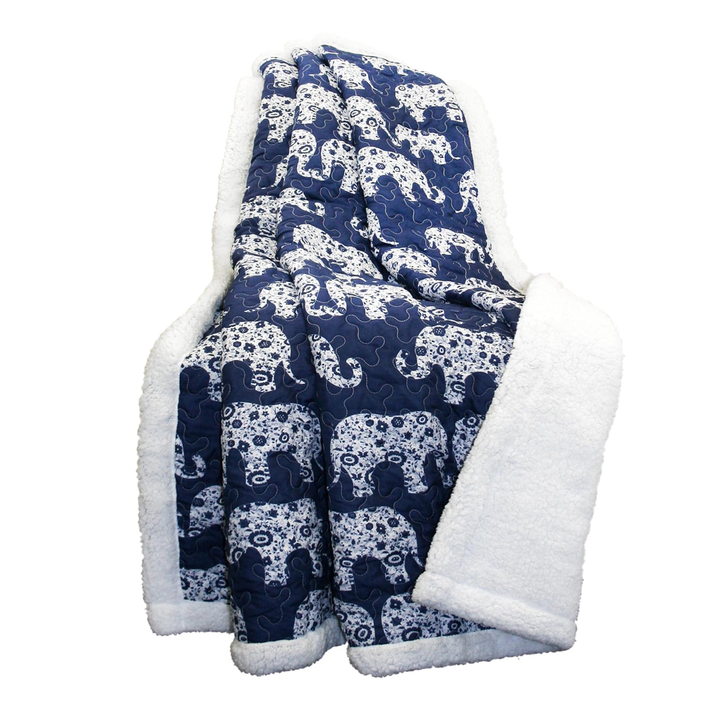 Lush Decor Navy Elephant Parade Throw Fuzzy Reversible Sherpa Blanket 60” x 50 White