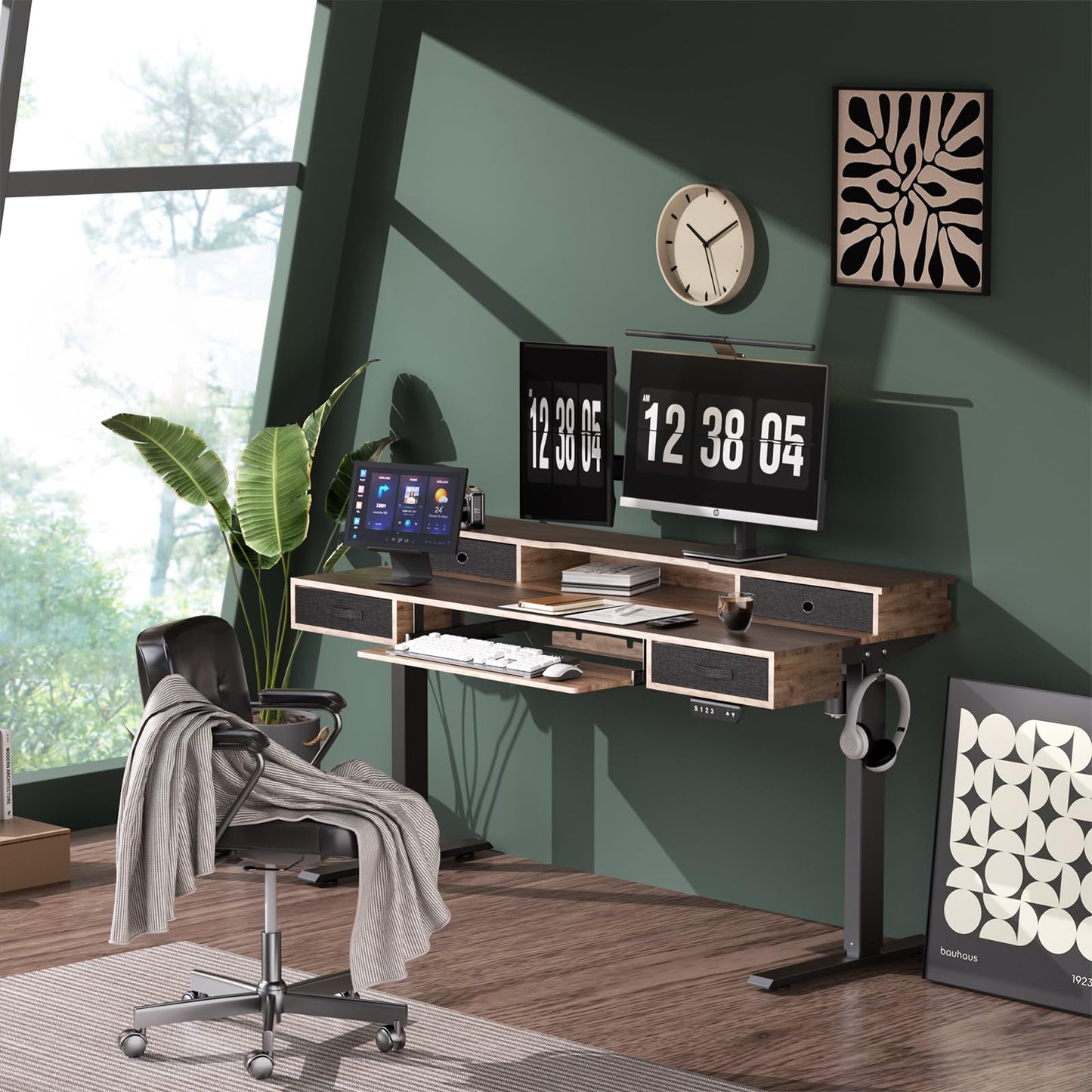 REGISDESK Electric Standing Desk, 55" Standing Desk Adjustable Height, Adjustable Desk with 4 Drawers, Ergonomic Adjustable Sit Stand Desk with Keyboard Tray, Rustic Brown
