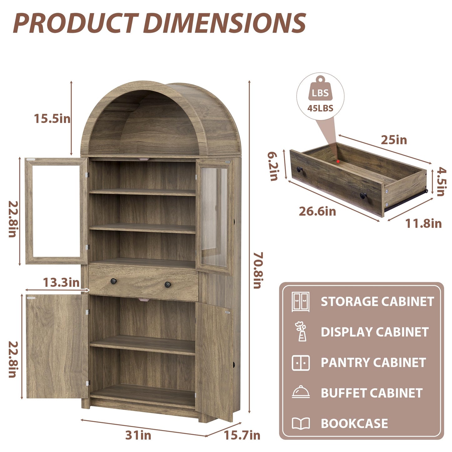 VAXZOFI Arched Kitchen Pantry Cabinet, 71" Tall Wood Kitchens Storage Cabinets with Glass Door and Adjustable Shelves, Modern Farmhouse Versatile Cupboard for Kitchen, Dining Room, Bathroom