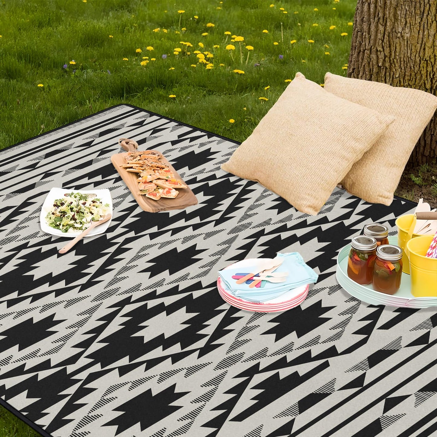awufncksn Boho Picnic Blankets Waterproof Foldable, 60″X80″ Thick Three Layer Picnic Mat Tribal Outdoor Blanket for Grass, Beach Blanket Sandproof Picnic Accessories for Camping Party Park Patio