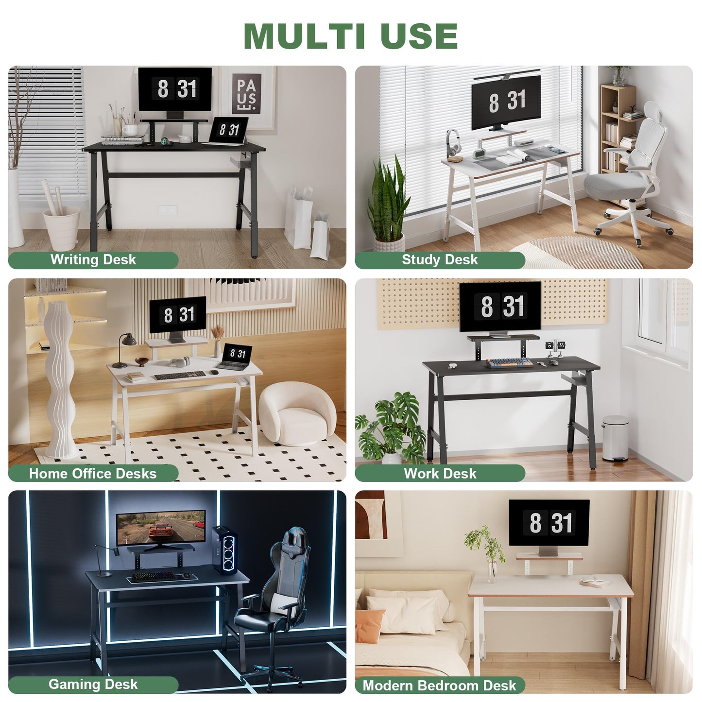 UPGRAVITY Height Adjustable Computer Desk - 47" Gaming Desk, Small Home Office Desk with Monitor Stand, Modern Simple Table Study Writing Work, Living Room Home Bedroom PC Table, Metal Frame, Black