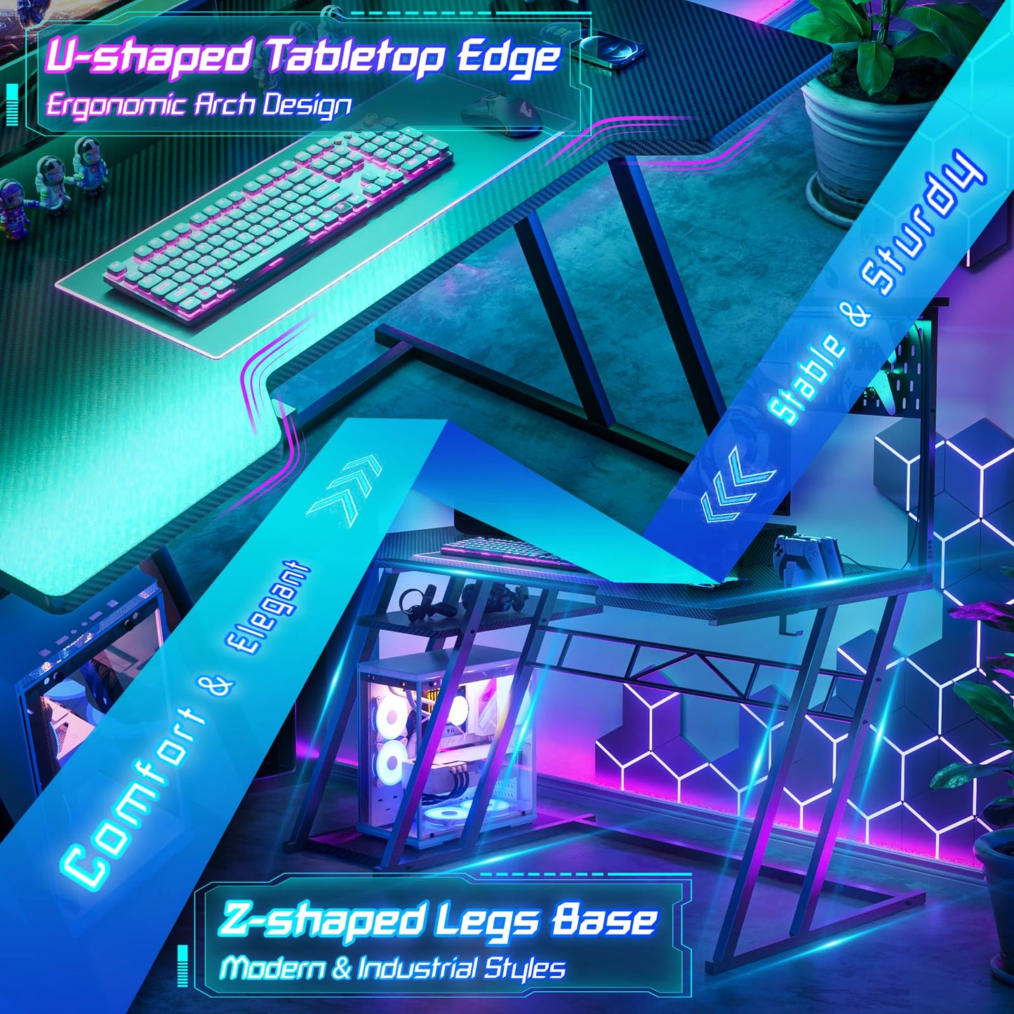 Armocity Gaming Computer Desk with Hutch and LED Lights, 53'' Black Gaming Desk with Storage Shelves, Reversible PC Gamer Desks with Pegboard, Ergonomic Desk for Bedroom, Carbon Fiber Surface