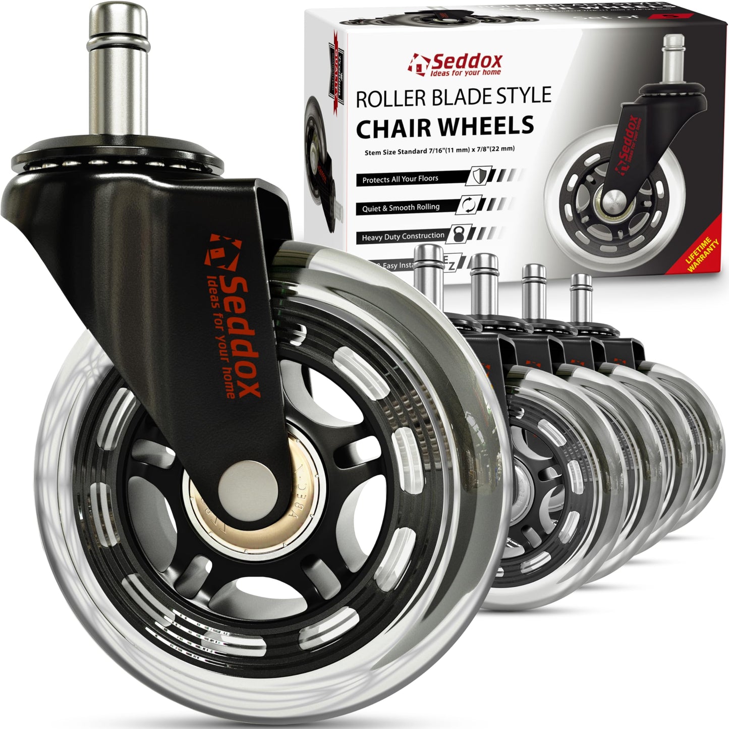 SEDDOX Office Chair Wheels Replacement Set of 5 - Desk Chair Casters for Hardwood & Carpet - Heavy Duty & Safe for All Floors - Universal Fit for Most Computer Gaming & Office Chairs - 3 Inch