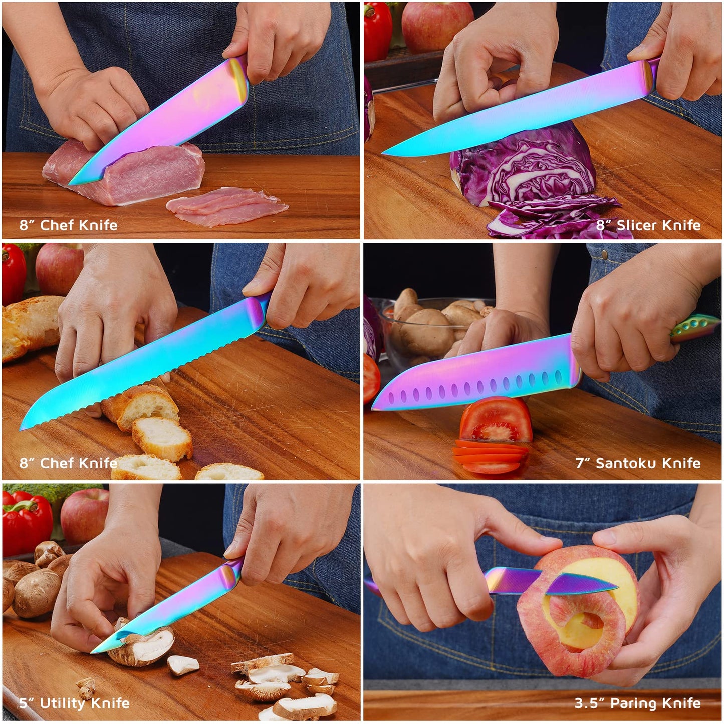 Rainbow Knives Block Set 7 Pieces, Iridescent German High Carbon Stainless Steel Kitchen Knives Pack with Universal Knife Holder
