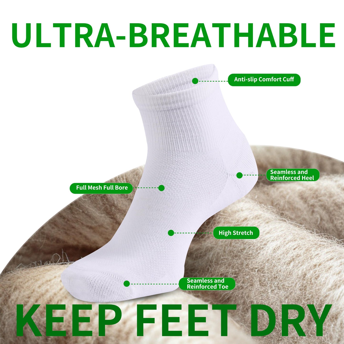 RZTT 90% Merino Wool Socks for Men and Women Athletic Ankle Socks with Arch Support Breathable Ultra Soft 3 Packs for All day Comfort,Large,White