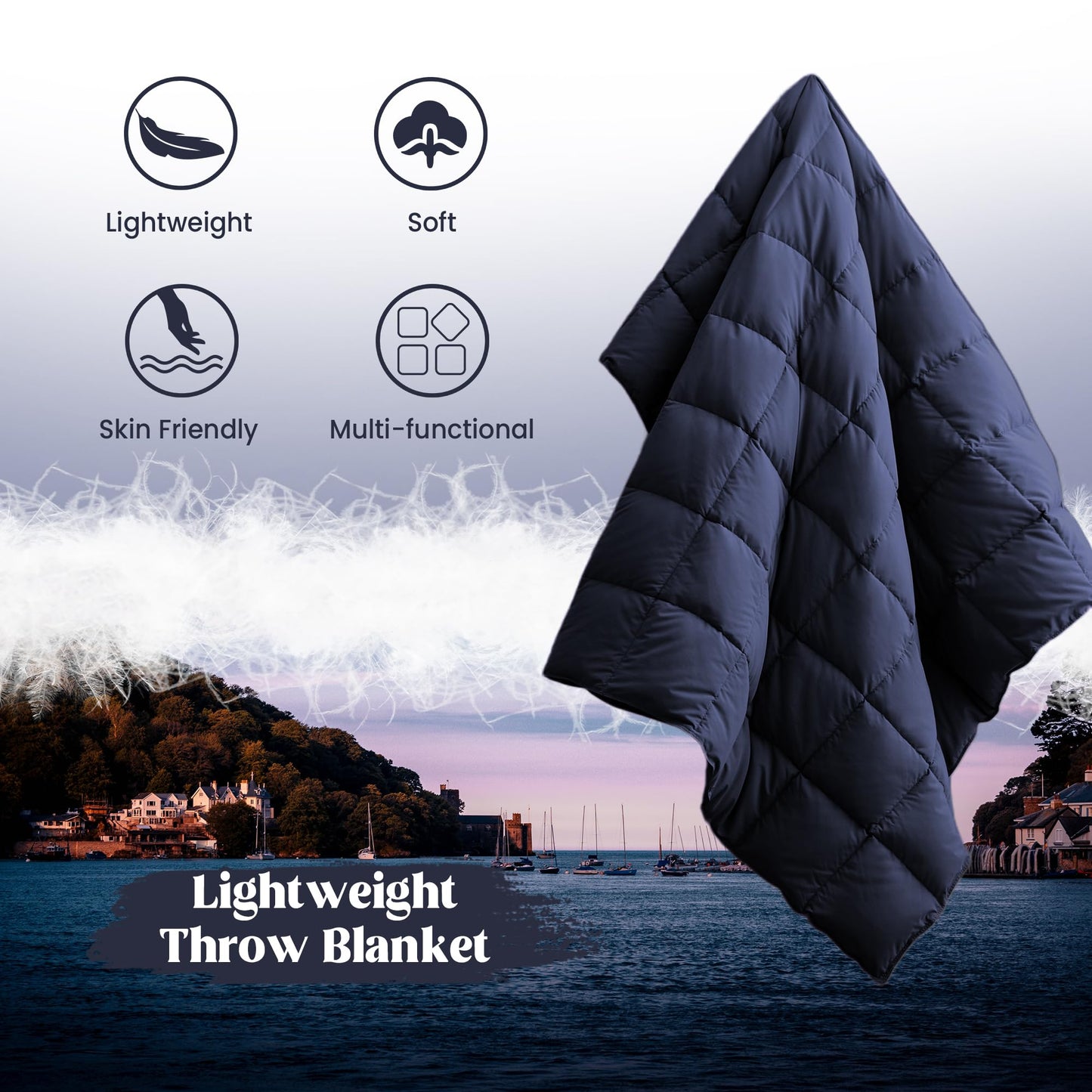 puredown® Soft Feather Down Throw Blanket Lightweight Packable Couch Throw for Indoor and Outdoor Use, 50"X70", Navy