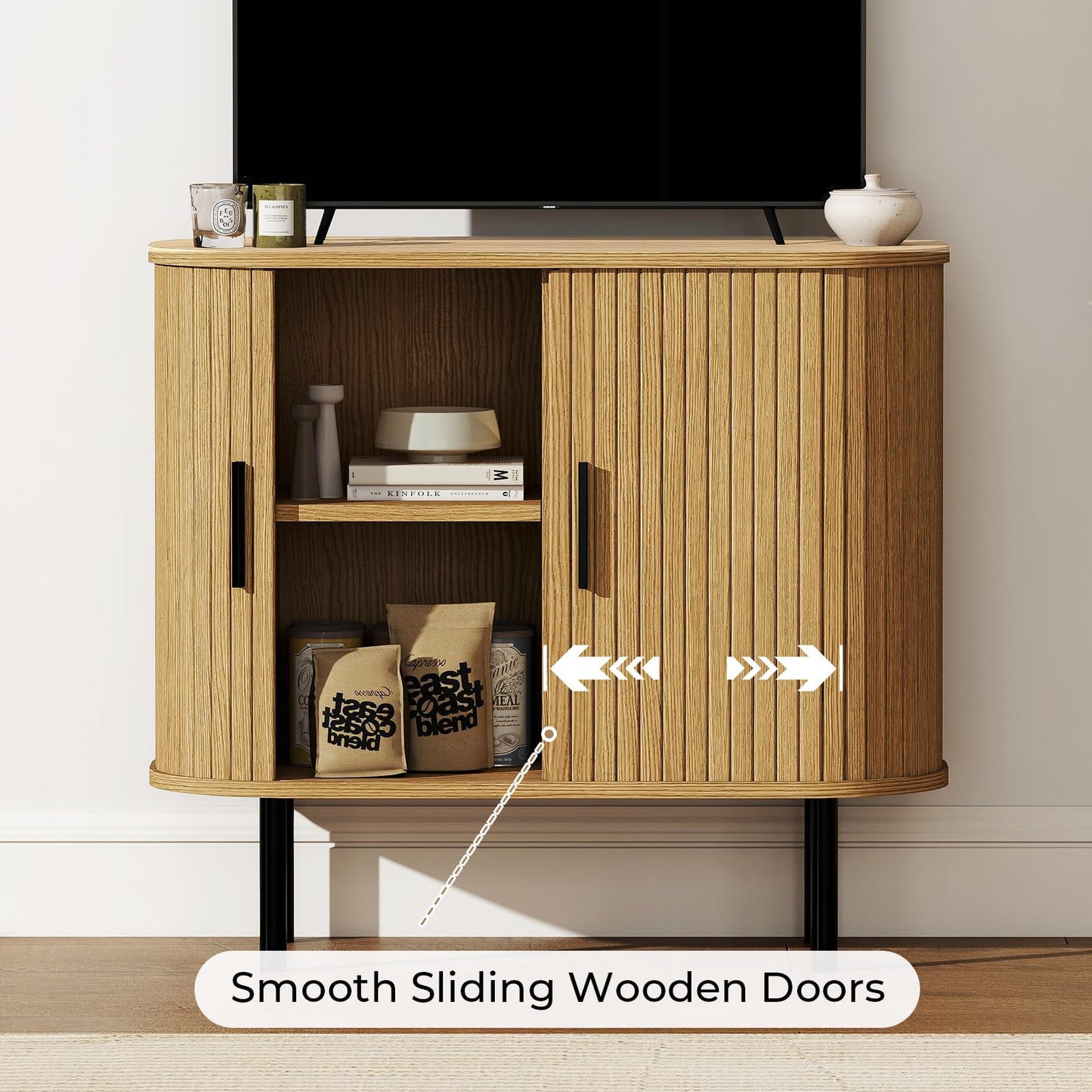 BREEZEHEAT 35" Fluted Sideboard Buffet Cabinet –Mid Century Modern Accent Cabinet-Tambour Credenza Console Table w/Sliding Doors & Adjustable Shelves–for Kitchen, Entryway, Living Room, Dining Room