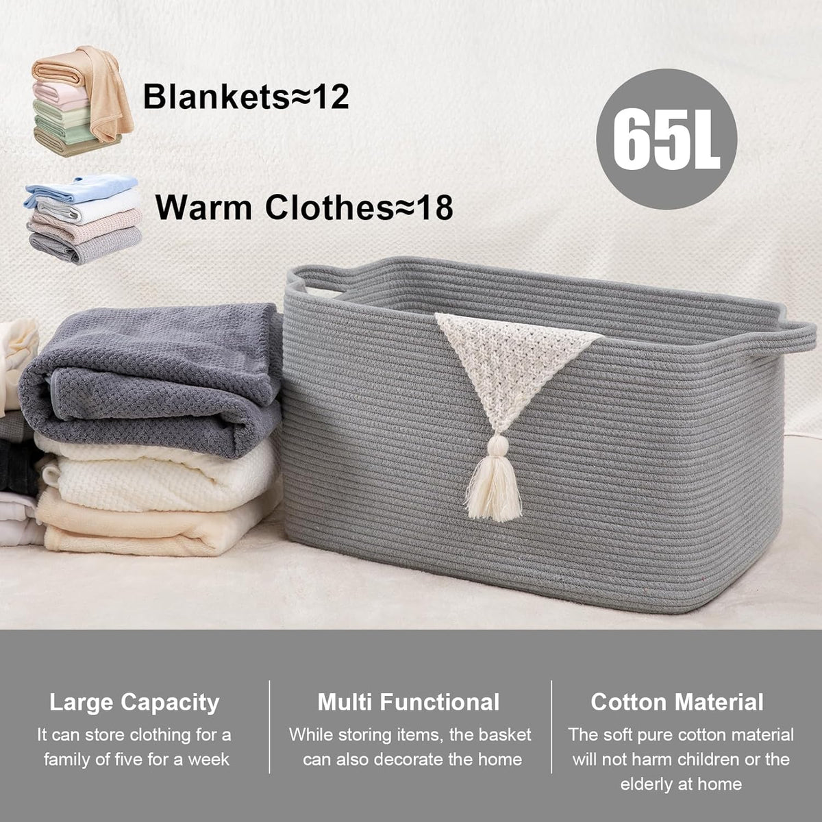 95L Large Storage Basket, Cotton Rope Woven Blanket Basket, Nursery Storage for Baby Room, Living Room, 24" x 16.9" x 14.2", Light Grey