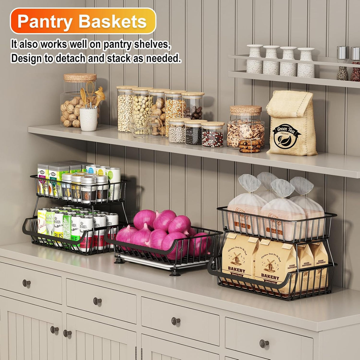 Miyawell 3-Tier Rolling Pantry Cart with Wheels, Stackable Wire Storage Floor Organizer for Kitchen Pantry Snack Shelves, Fruit Basket Stand, Vegetable Storage Rack for Food Snacks Onion Potato