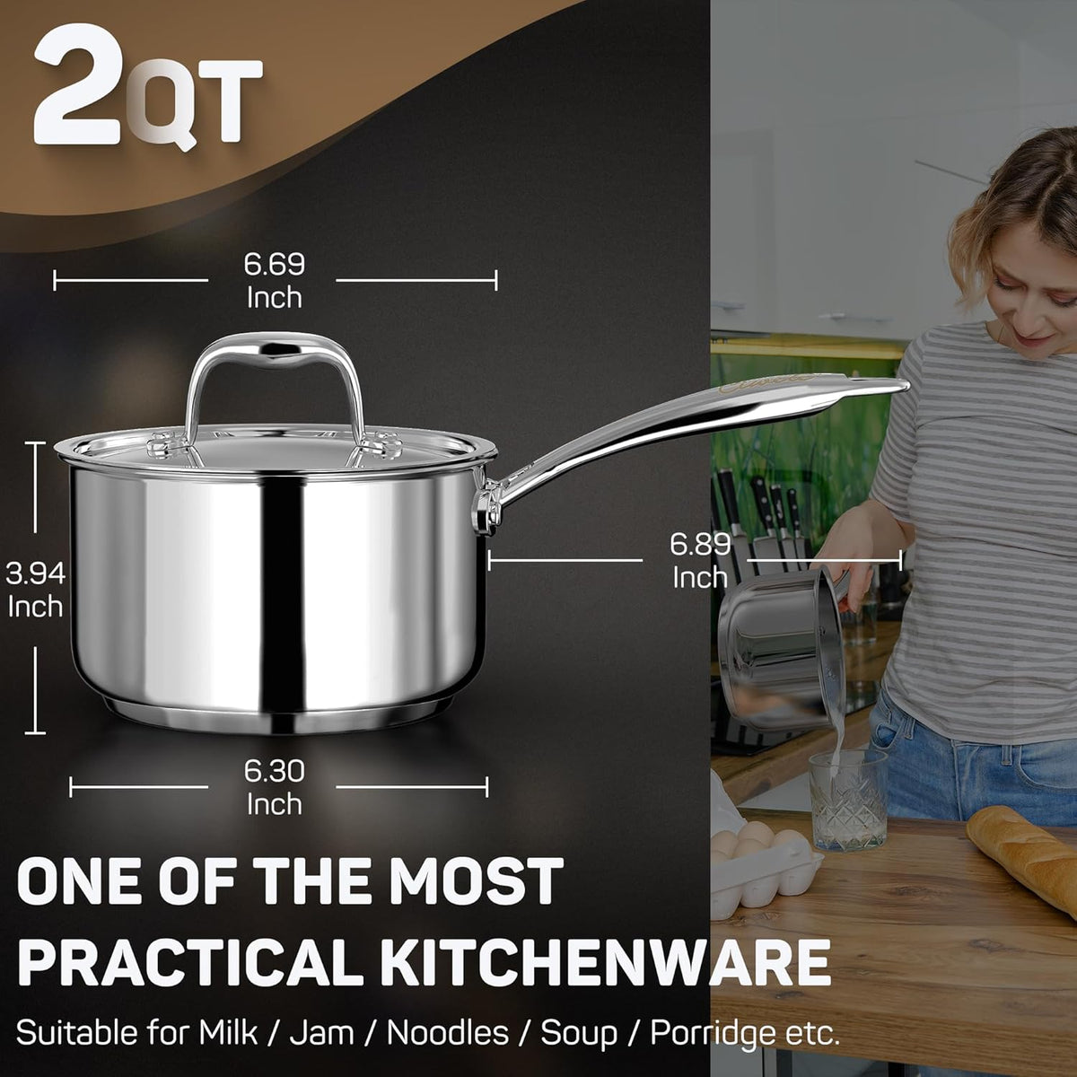 2 Quart Sauce Pan with Lid, Tri Ply Stainless Steel Saucepan 2 Qt with Stainless Steel Lid, 2 Measuring Lines, Upgraded Packaging, Cool Ergonomic Handle, Dishwasher & Oven Safe