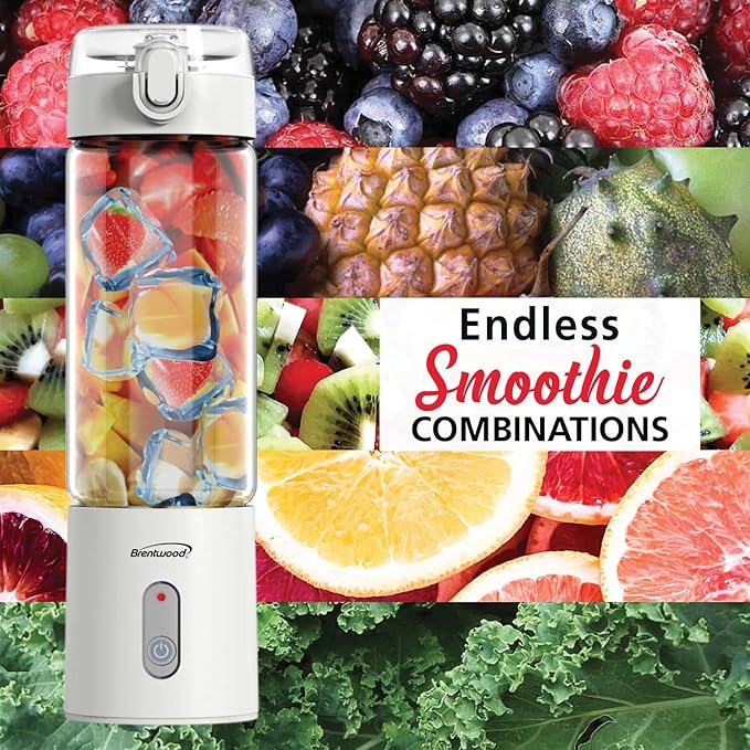 Brentwood 50-Watt 17-Oz. Portable Battery-Operated USB-Chargeable Glass Blender (White)
