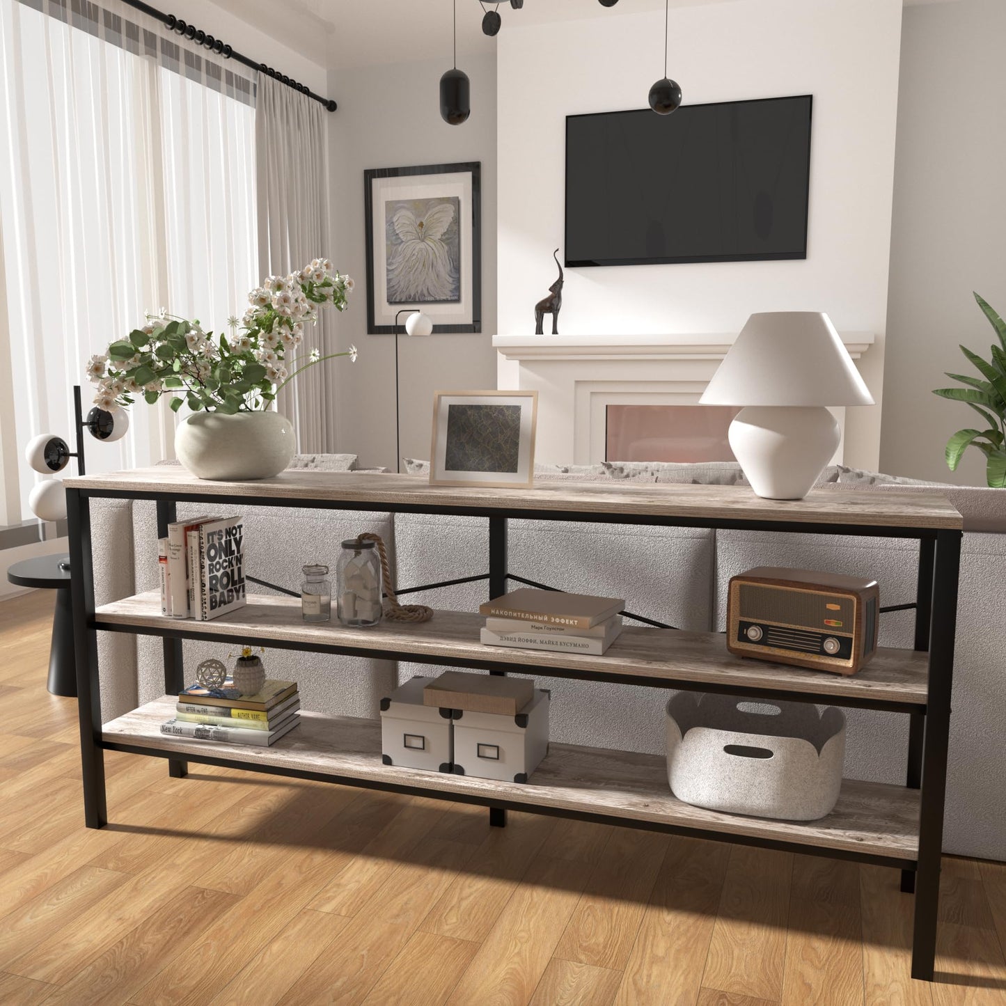 Vida Vistoso 71 Inch Industrial Console Table Behind Couch, Extra Long Sofa Table with 3 Tier Wood Storage Shelves, TV Table with Metal Frame for Living Room, Foyer, Hallway (Oak Grey)