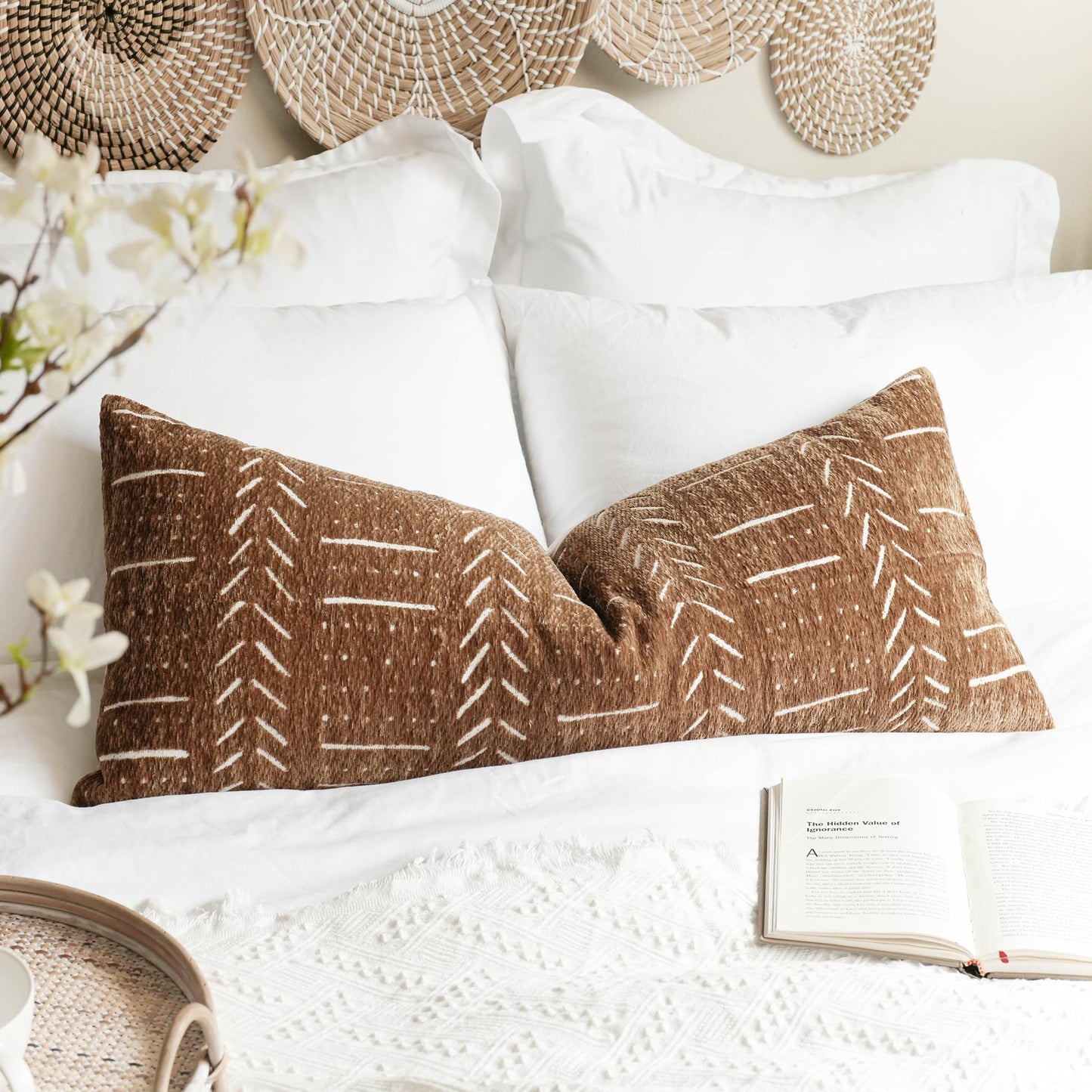 BlissBlush Brown Boho Lumbar Throw Pillow Cover 14X36, Decorative Long Accent Body Lumbar Pillow for Bed, Farmhouse Woven Textured Lumbar Pillowcase for Couch (Cover ONLY)