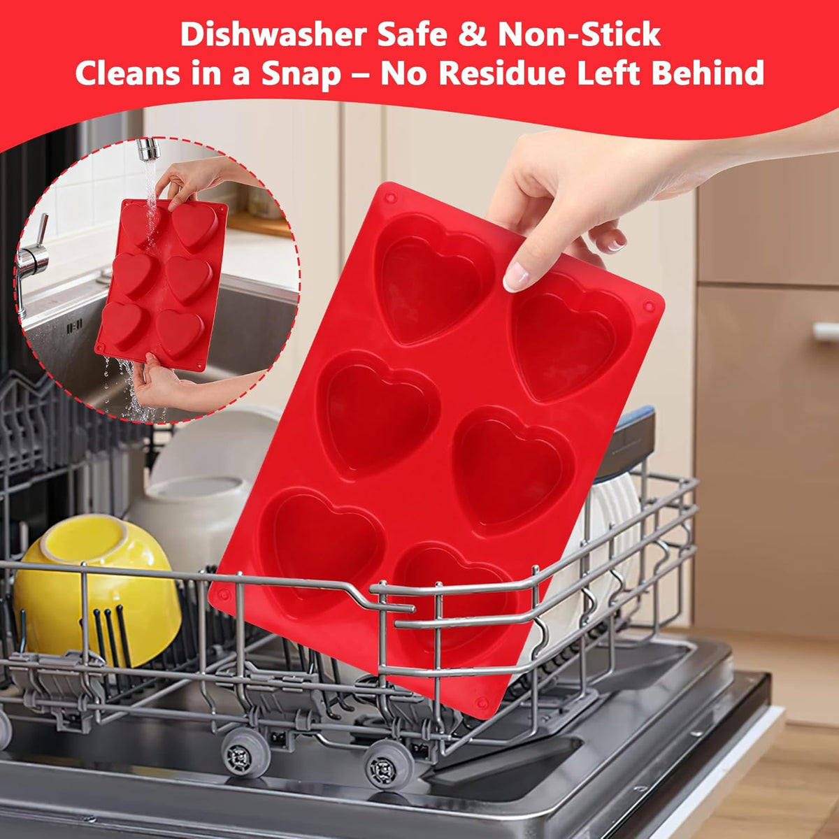 3-Pack 6-Cup Silicone Muffin Pans, Nonstick Cupcake Baking Molds, BPA/PFA-Free, Dishwasher & Oven Safe Heart-shaped Red