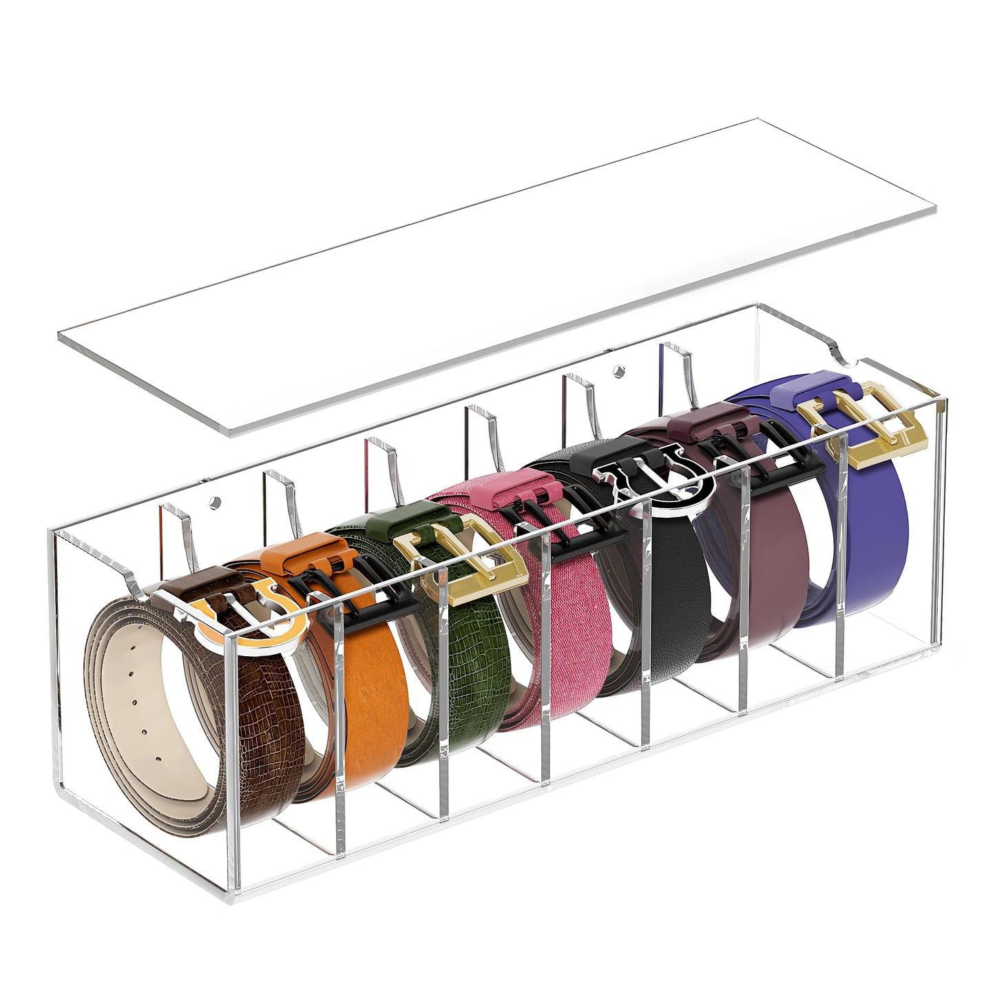 Belt Organizer, Acrylic Belt Storage Organizer for Closet, 7 Compartments Clear Belt Holder with Dust Cover, Belt Display Case Hanger for Drawer Tie and Bow Tie
