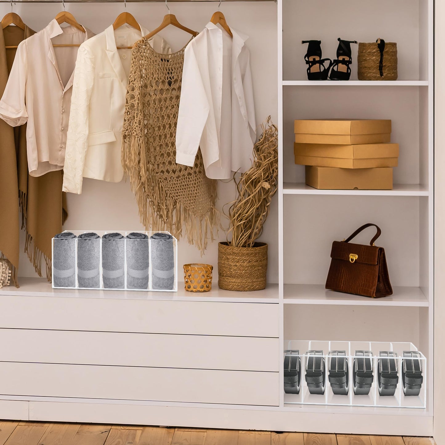 Belt Organizer, Acrylic Belt Storage Organizer for Closet, 7 Compartments Clear Belt Holder with Dust Cover, Belt Display Case Hanger for Drawer Tie and Bow Tie