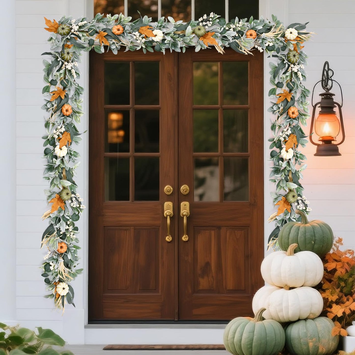 Fall Decor,Fall Garland for Mantel, 6 FT Fall Garland with Light, Lighted Autumn Garlands with Faux Lamb's Ear & Pumpkins, Thanksgiving Table Centerpiece, Fall Decorations for Home Porch Fireplace