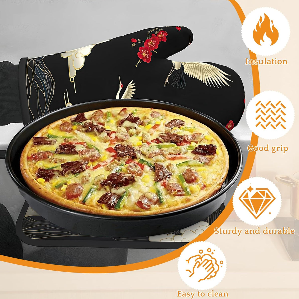 Japanese Crane Oven Mitts and Pot Holders Set,Cherry Blossom Kitchen Decor Heat Resistant Non Slip Hot Pads and Oven Mitt for Chef Cooking Baking BBQ Mom Girl Gifts(4 Piece Set)