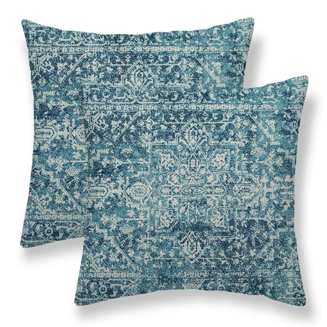 Sunshineyan Teal Boho Pillow Covers 18x18 Set of 2, Bohemian Carpet Pattern Outdoor Decorative Throw Pillows Linen Ethnic Design Rustic Farmhouse Cushion Cases for Couch Sofa Decor