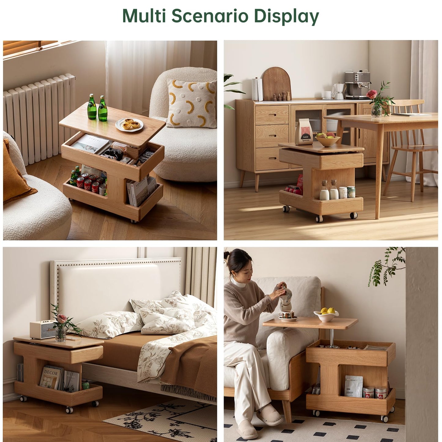 Vadisun 100% Solid Wood Lift Top Coffee Table, Small Bedside Table with Rolling Wheels, Adjustable Side Table for Dining Room, Recliner and Small Places(Natural, Fully Assembled Furniture)