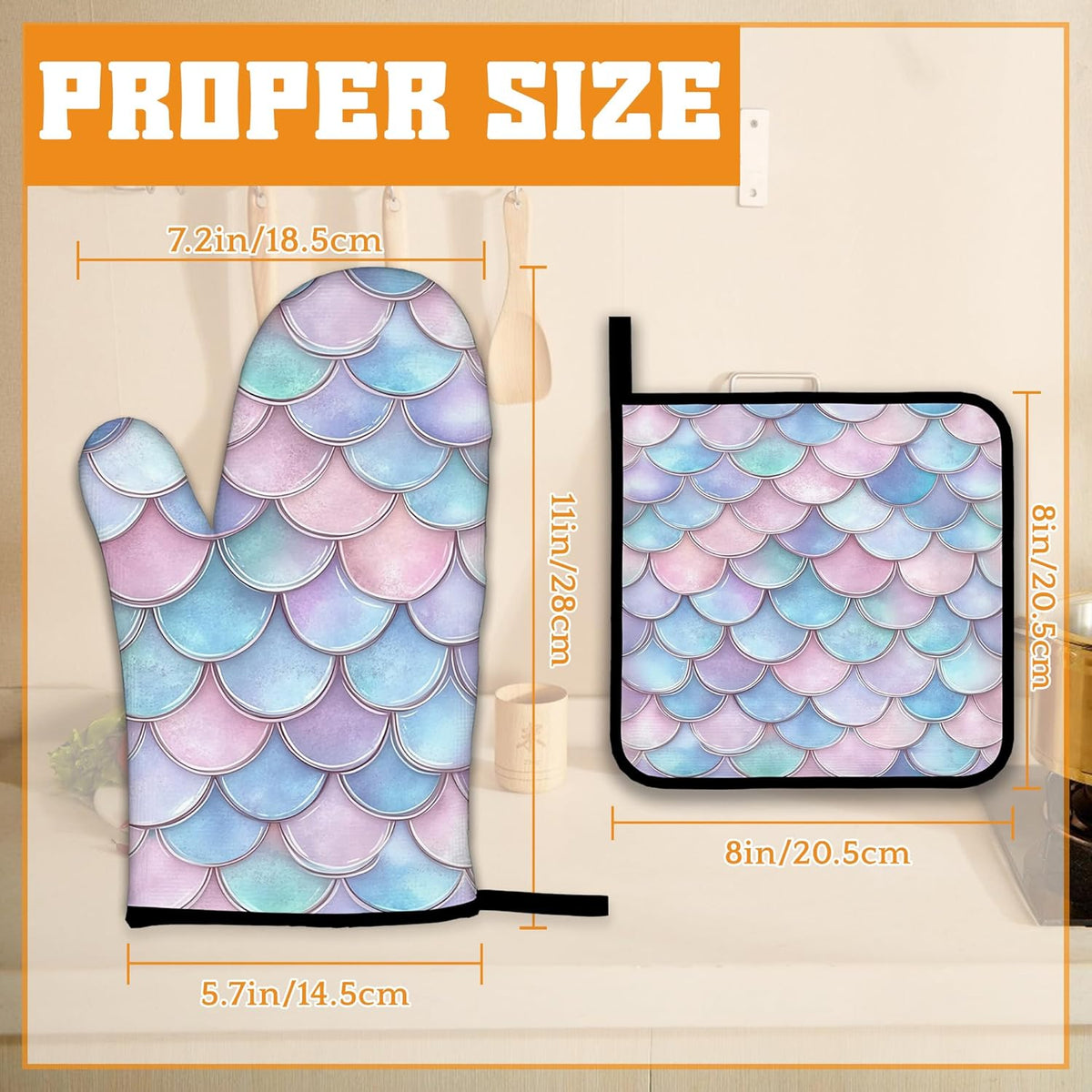 Pink Fish Scales Oven Mitts and Pot Holders Set,Mermaids Kitchen Decor Heat Resistant Non Slip Hot Pads and Oven Mitt for Chef Cooking Baking BBQ Mom Girl Gifts(4 Piece Set)