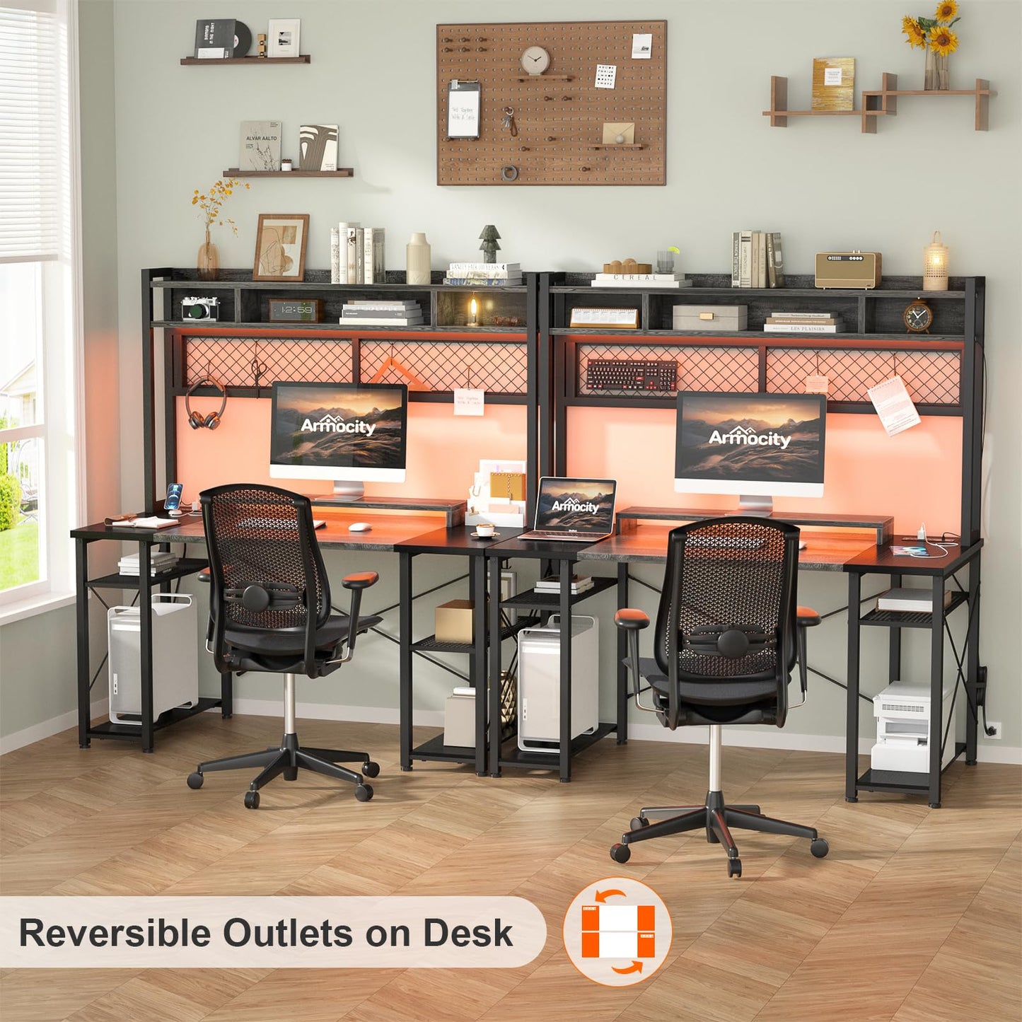 armocity 2024 Upgrade Gaming Desk with Hutch, 48'' Magic Computer Desk with LED and Outlets, Reversible Workstation Desk with Pegboard, Oak and Black