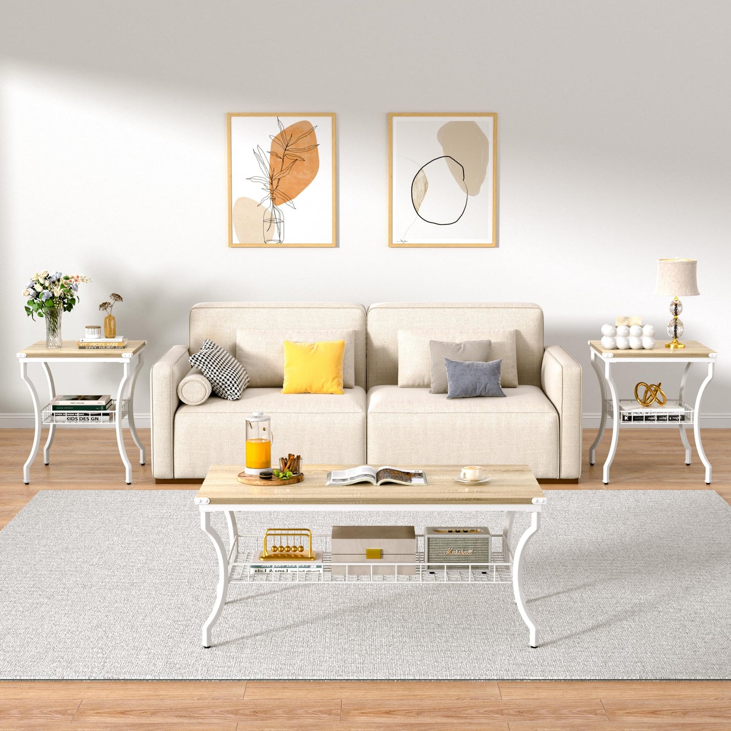 VECELO 3 Pieces Living Room Table Sets, Coffee and End Tables with Open Storage Shelves for Apartment, Home Office, Small Space, Easy Assembly, White Oak