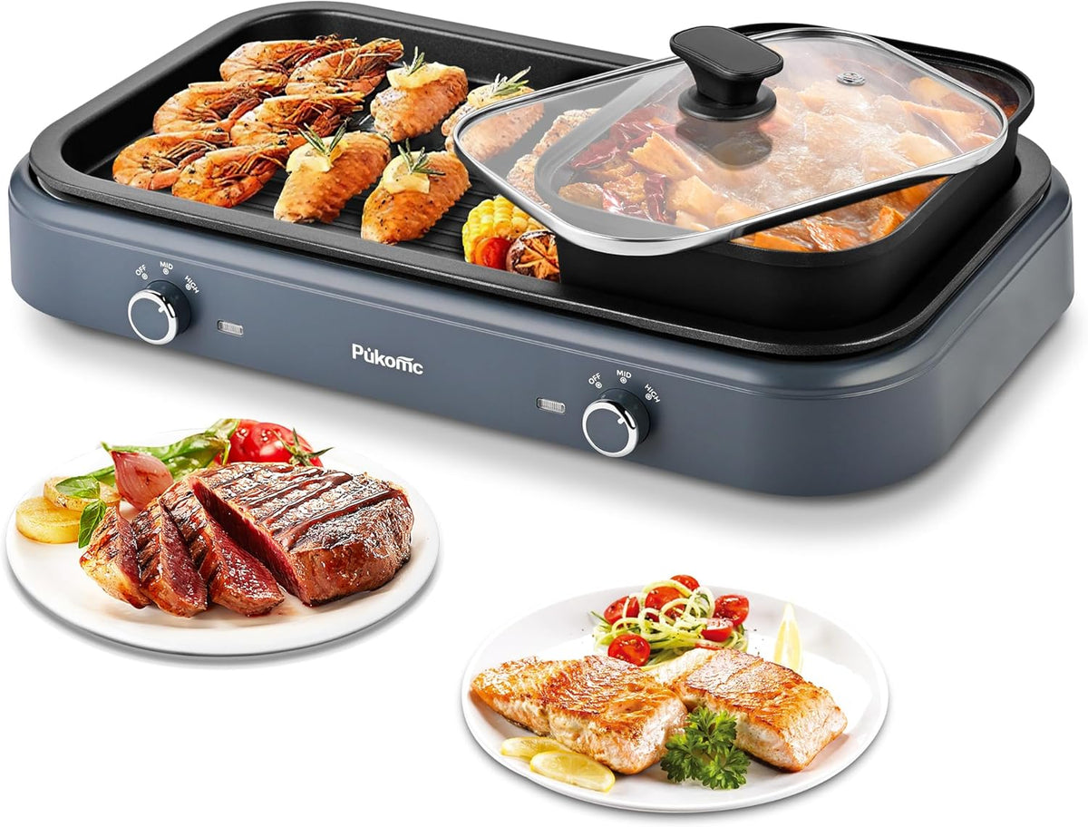 Pukomc Electric Hot Pot with Grill，2 in 1 Korean BBQ Grill Shabu Shabu Hot Po， 1500W / Temperature Control, Quick Heating Detachable Hot Pot and Baking Tray，gray
