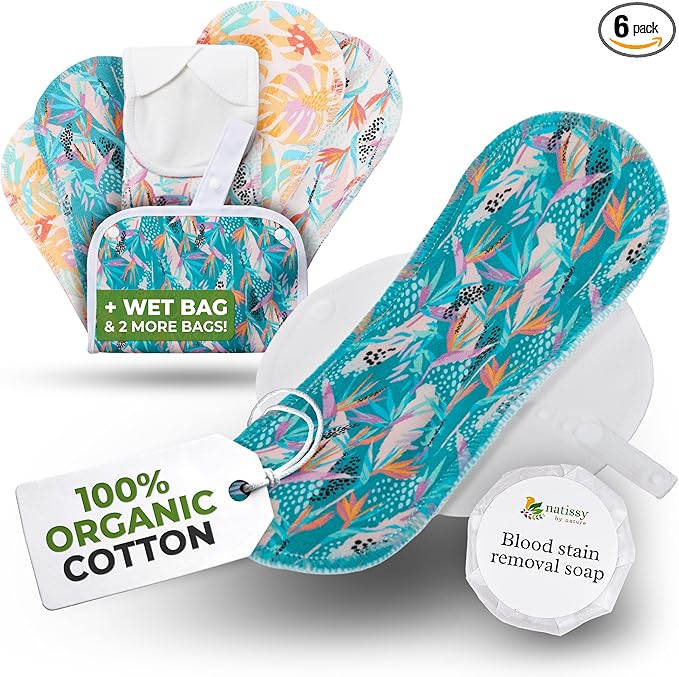 Organic Cotton EcoComfort Reusable Period Pads for Light Flow (S+M, 6-Pack); High-Temp Washable Cloth for Women & Teens; Non-Irritating, Soft Reusable Menstrual for Comfortable Period Care