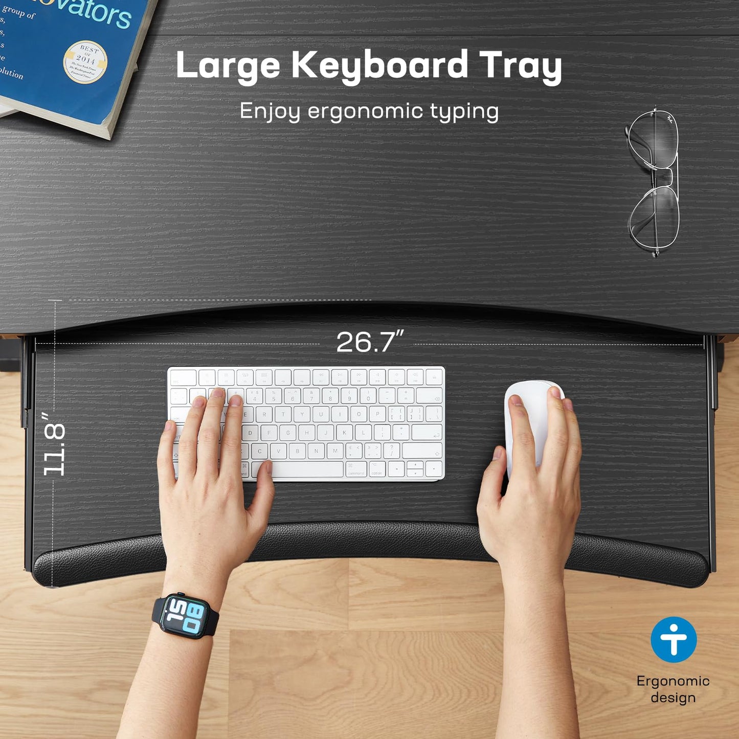 HUANUO 55" x 26" Electric Standing Desk with 2 Drawers & 26.7" Large Keyboard Tray, C-Clamp Mount Compatible, Adjustable Computer Desk for Home Office, Stand Up Desk with 4 Height Presets, Black