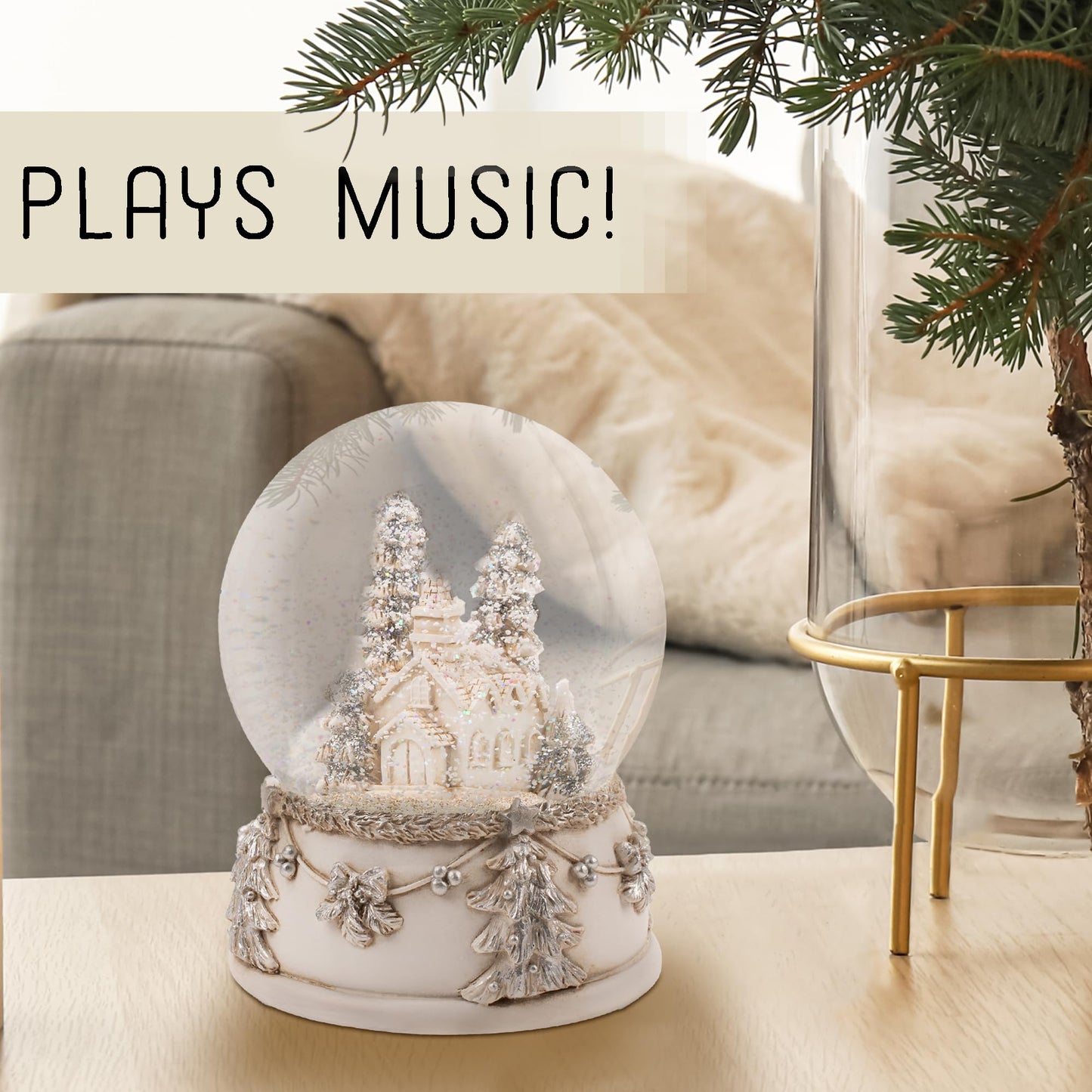 NAT & Jules Beautiful Snowy Church & Pine Tree Scene 6 x 4 inch Musical Glitter Snow Globe: Plays Tune We Wish You A Merry Christmas - Perfect Accent Décor for The Holidays or Everyday, Church Scene