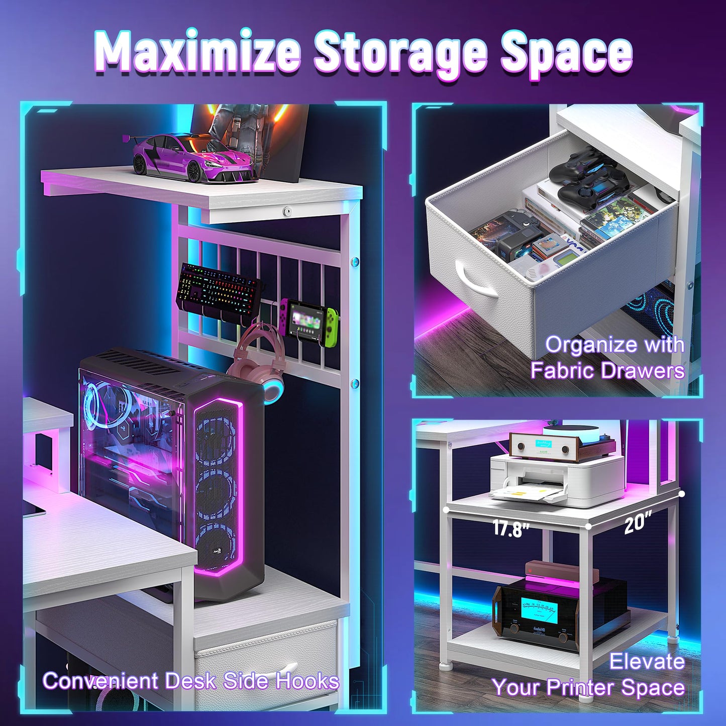 DurayLoly 63" Gaming Desk with LED Lights & Outlets,Computer Desk with Drawers & Monitor Stand,Gaming Table with Storage Shelves & Printer Space for Game Room,Home Office,Bedroom,White