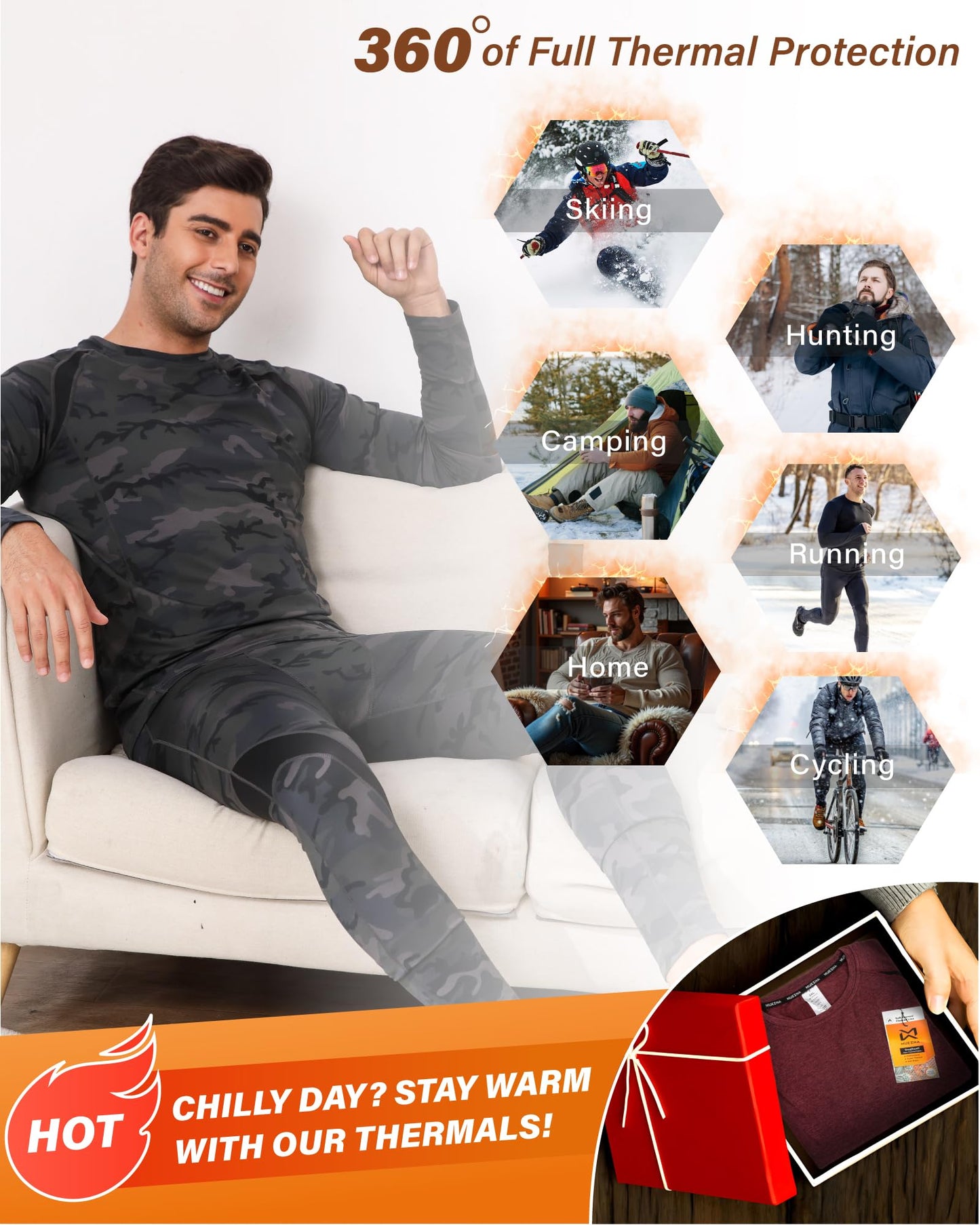 Muezna Men's Thermal Top and Bottom Set Underwear Long Johns Base Layer with Soft Fleece Lined Camouflage