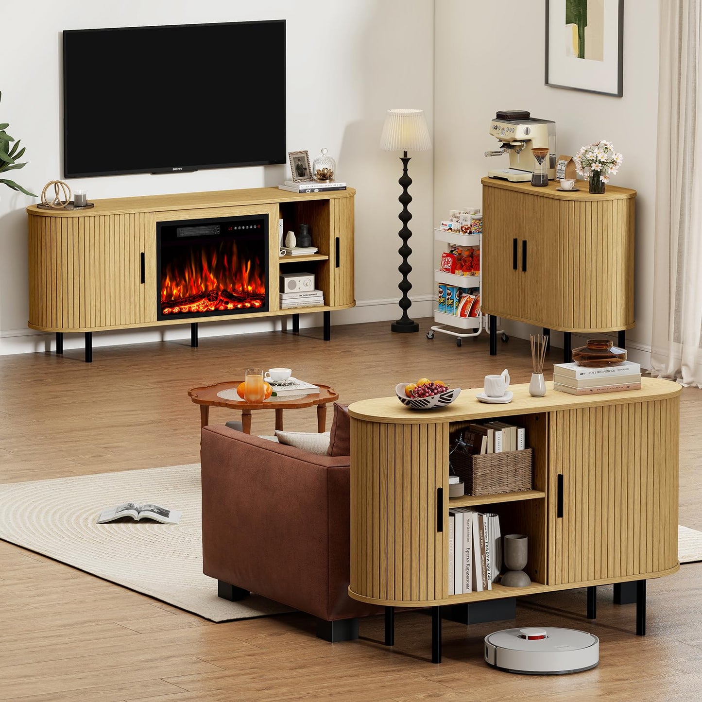 BREEZEHEAT 35" Fluted Sideboard Buffet Cabinet –Mid Century Modern Accent Cabinet-Tambour Credenza Console Table w/Sliding Doors & Adjustable Shelves–for Kitchen, Entryway, Living Room, Dining Room