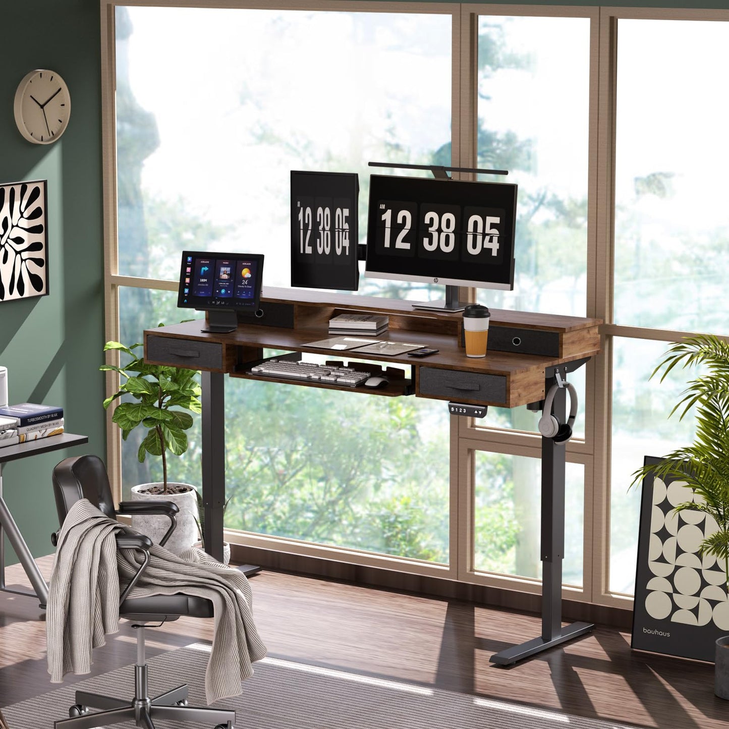 REGISDESK Electric Standing Desk, 55" Standing Desk Adjustable Height, Adjustable Desk with 4 Drawers, Ergonomic Adjustable Sit Stand Desk with Keyboard Tray, Rustic Brown