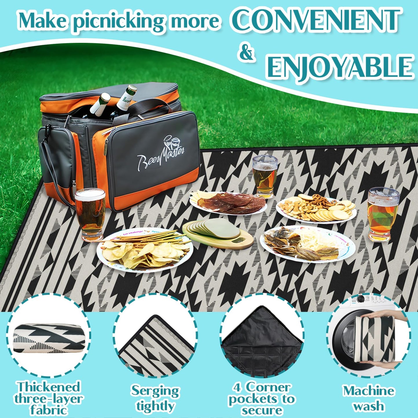 awufncksn Boho Picnic Blankets Waterproof Foldable, 60″X80″ Thick Three Layer Picnic Mat Tribal Outdoor Blanket for Grass, Beach Blanket Sandproof Picnic Accessories for Camping Party Park Patio